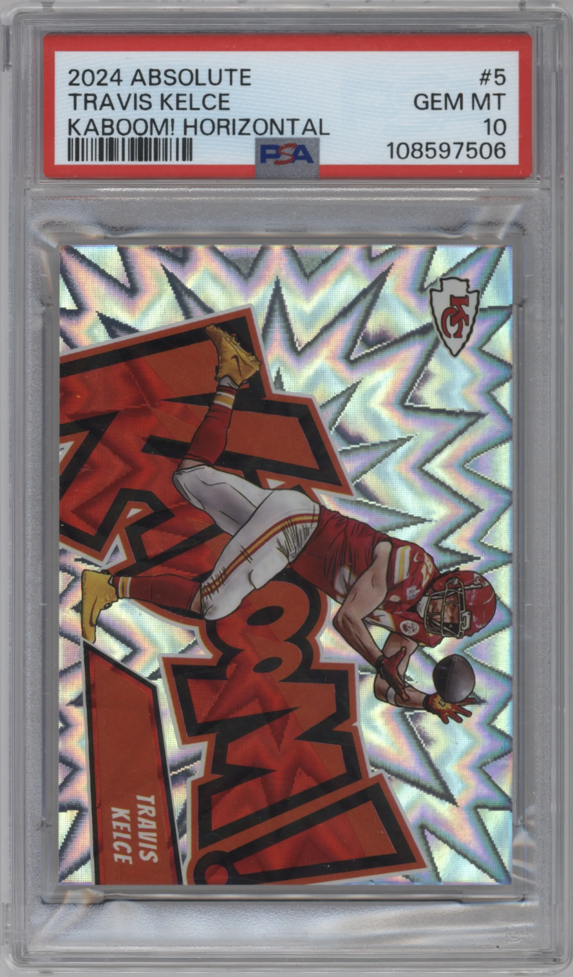 Travis Kelce from the 2024 Panini Absolute set graded by PSA and given an overall grade of 10.