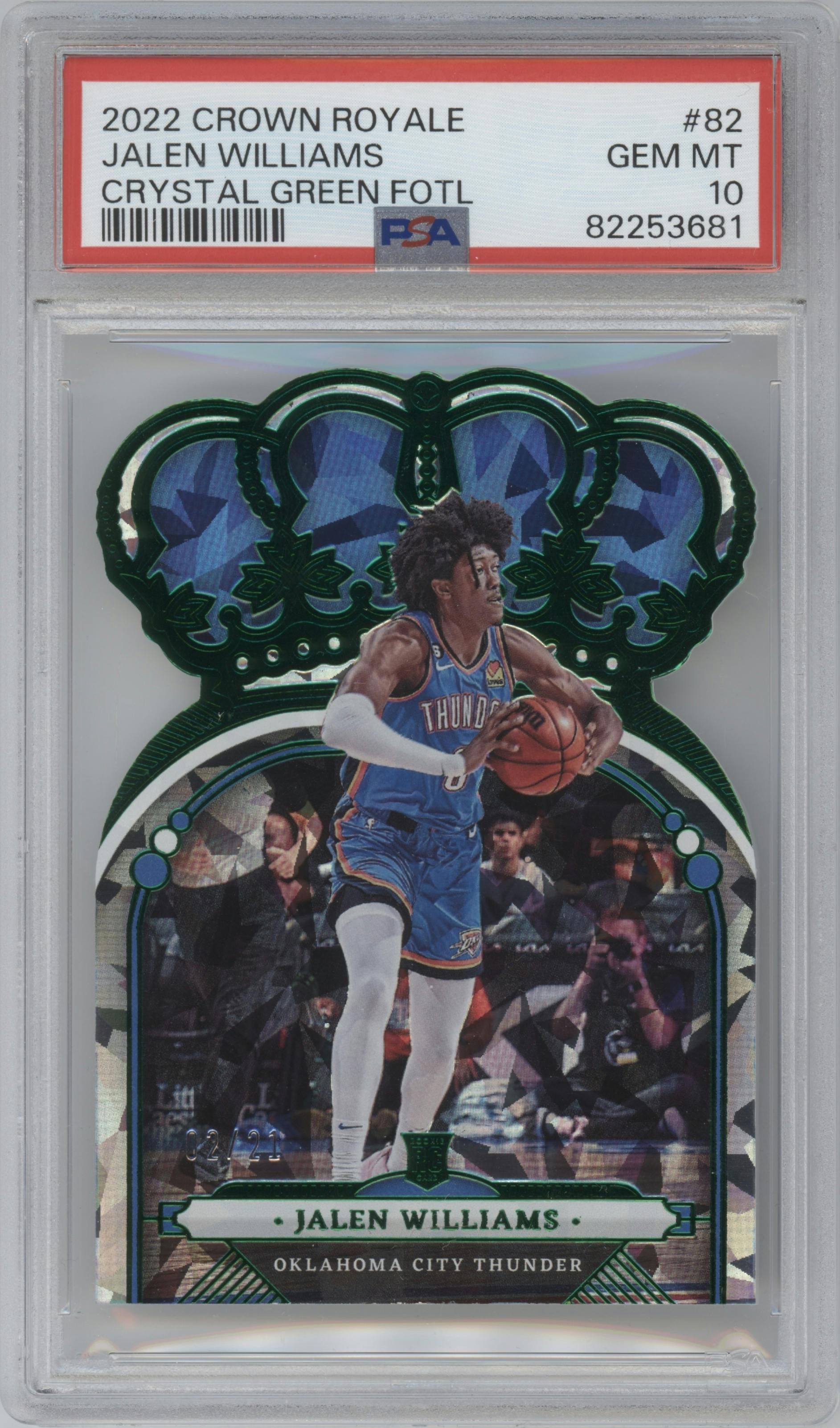 Jalen Williams from the 2022-23 Panini Crown Royale set featuring a Crystal Green parallel graded by PSA and given an overall grade of 10.