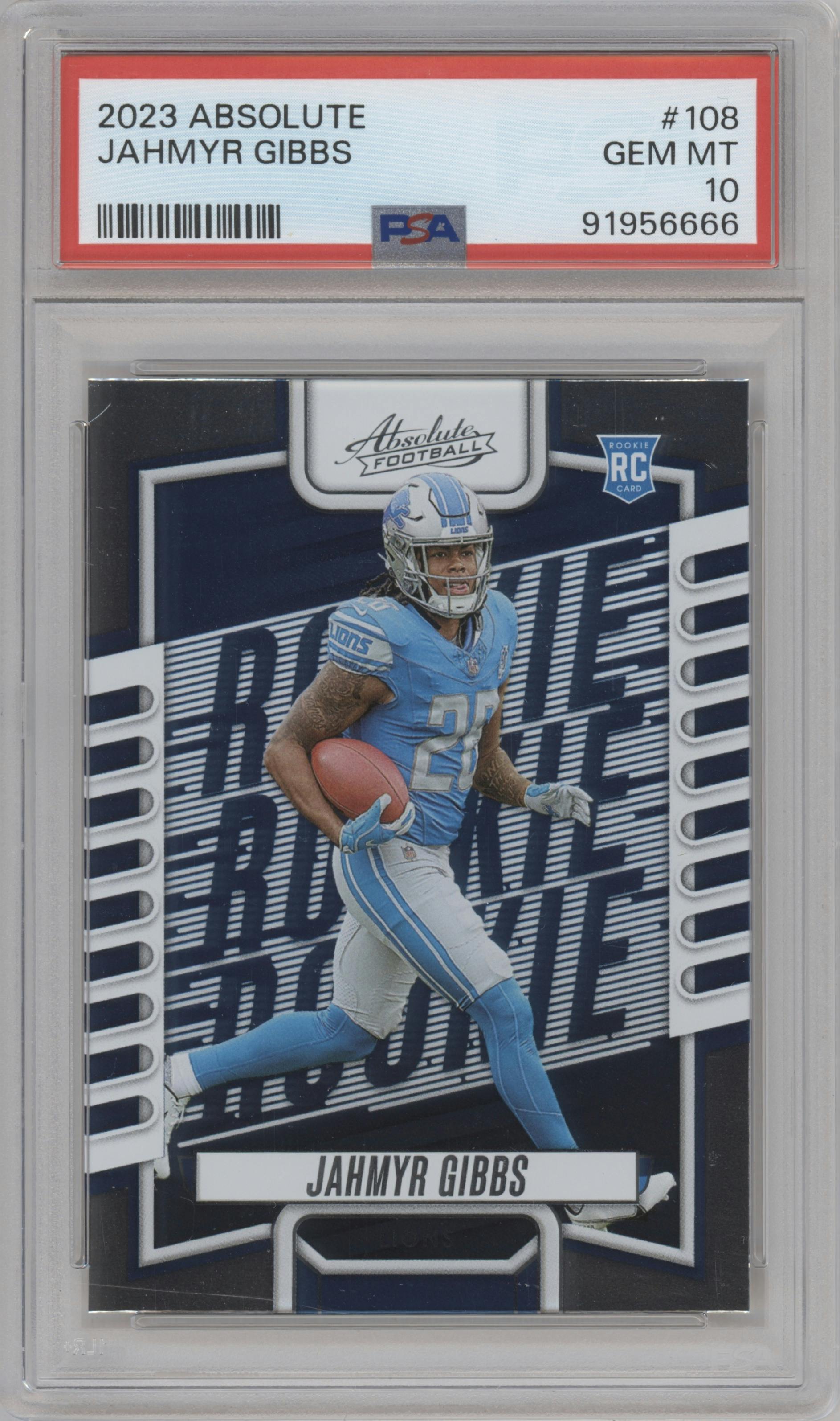 Jahmyr Gibbs from the 2023 Panini Absolute set graded by PSA and given an overall grade of 10.