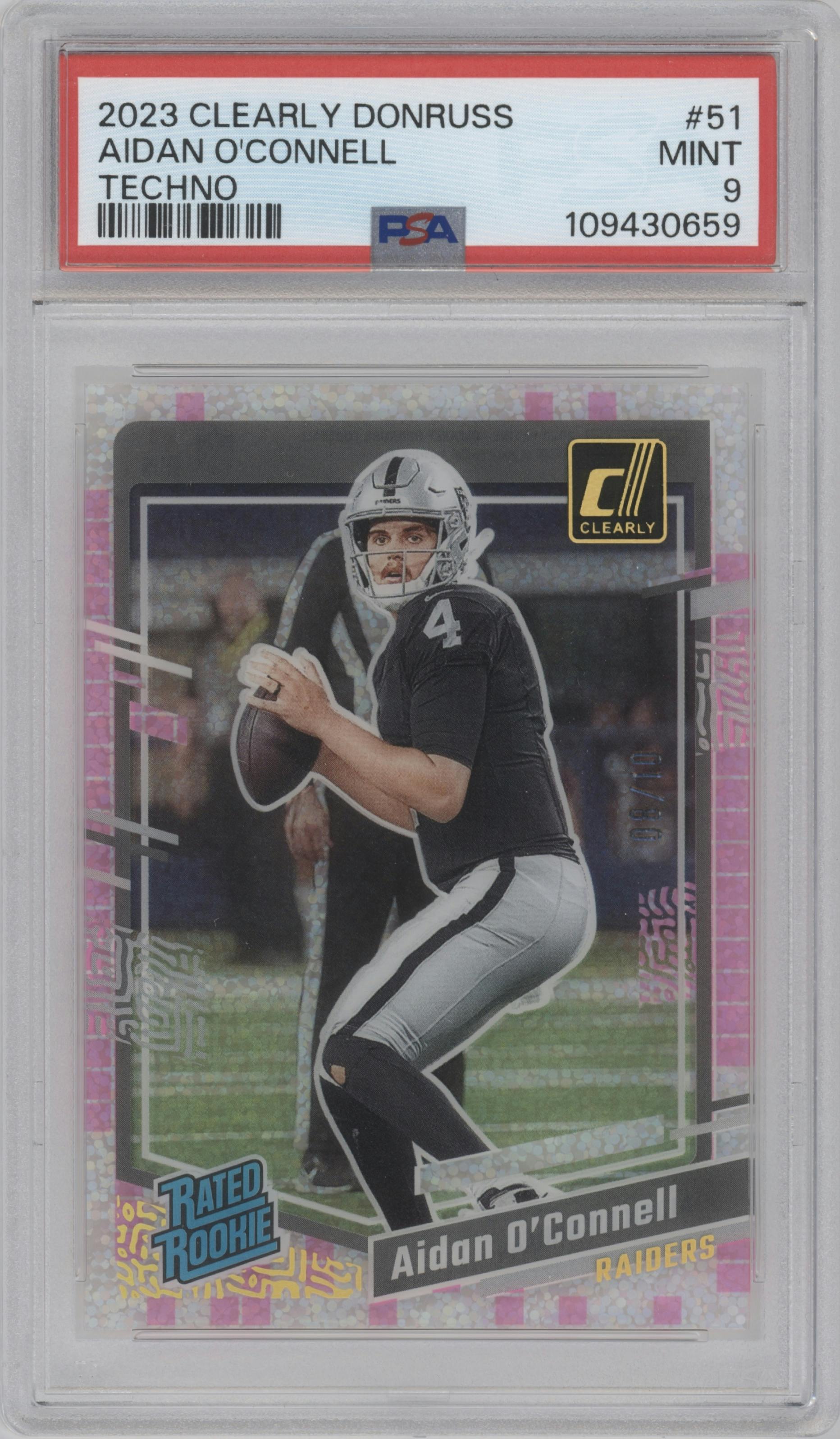 Aidan O'Connell from the 2023 Clearly Donruss set featuring a Techno parallel graded by PSA and given an overall grade of 9.