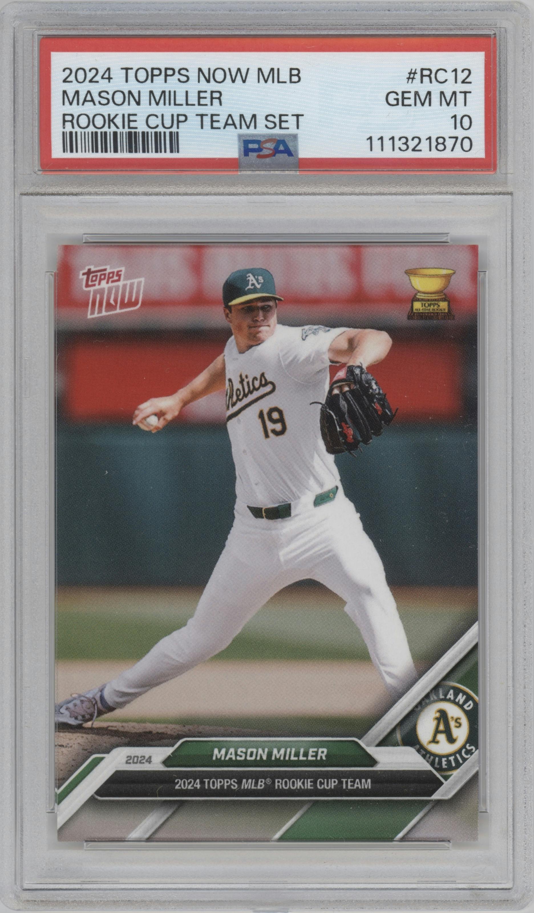 Mason Miller  from the 2024 Topps Now Rookie Cup set graded by PSA and given an overall grade of 10.