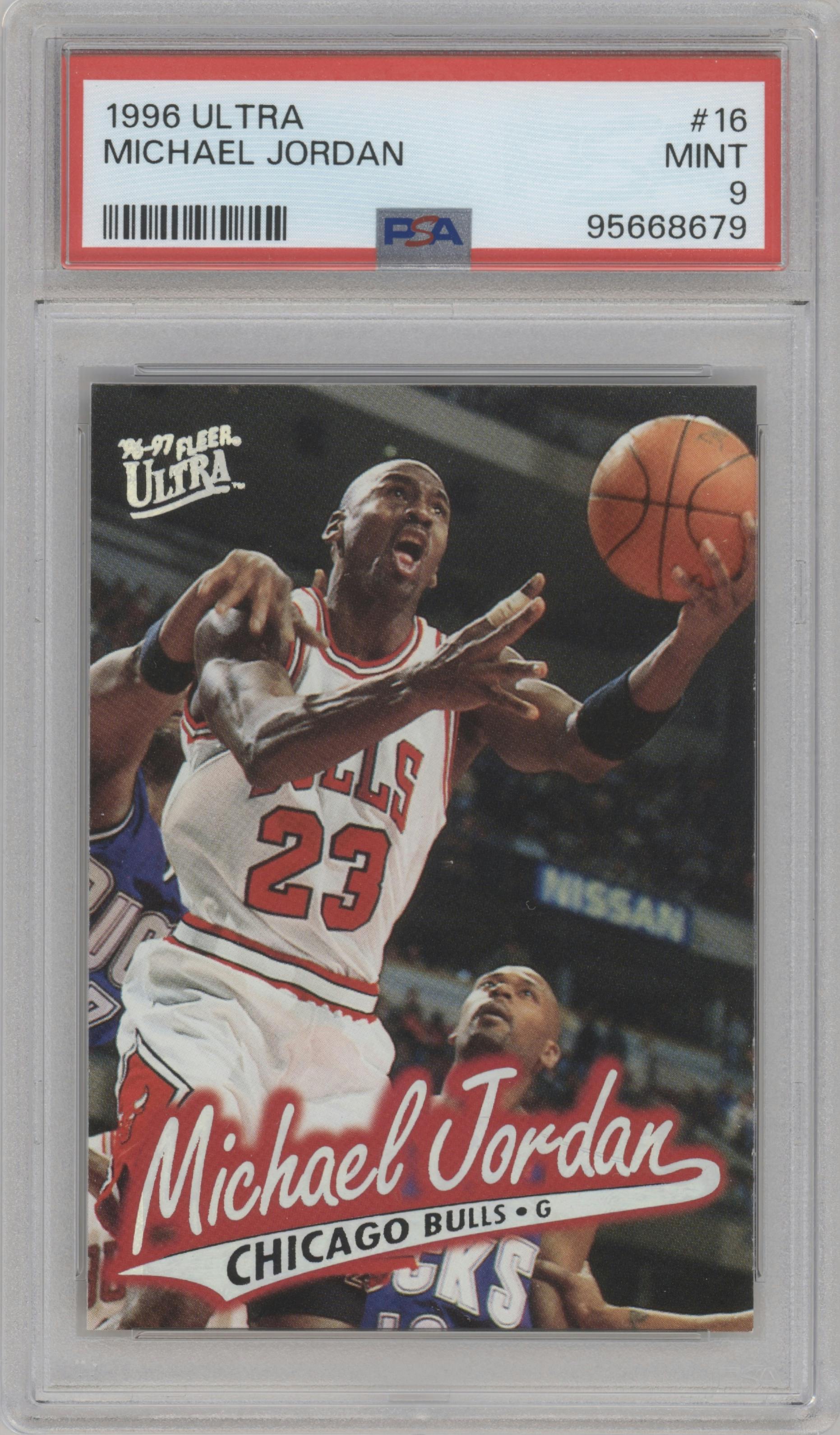 Michael Jordan from the 1996-97 Fleer Ultra set graded by PSA and given an overall grade of 9.