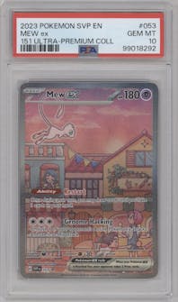 Mew ex from the 2023 Pokemon SV set featuring a Scarlet & Violet 151 Ultra Premium Collection parallel graded by PSA and given an overall grade of 10.
