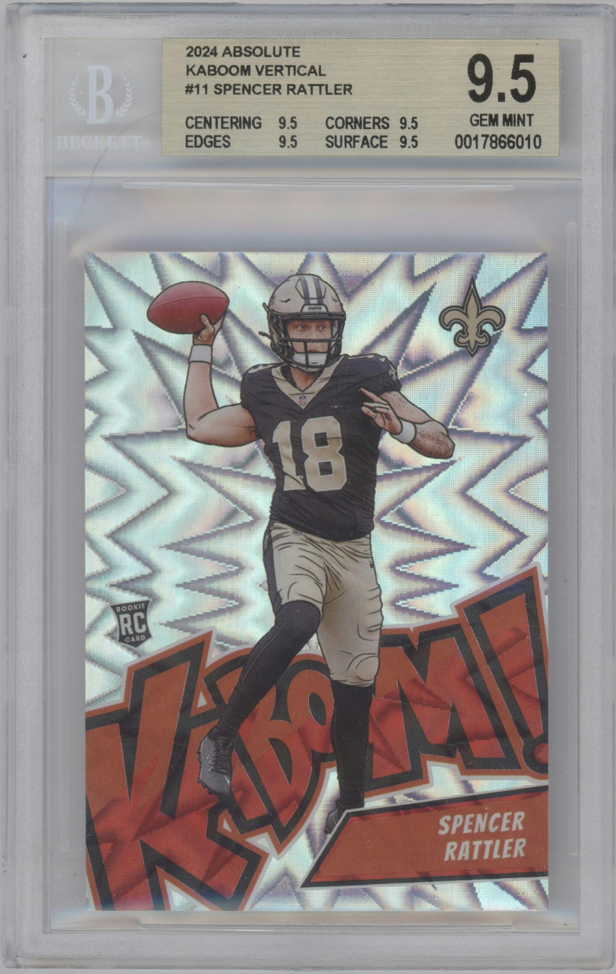 Spencer Rattler from the 2024 Panini Absolute set graded by Beckett and given an overall grade of 9.5.