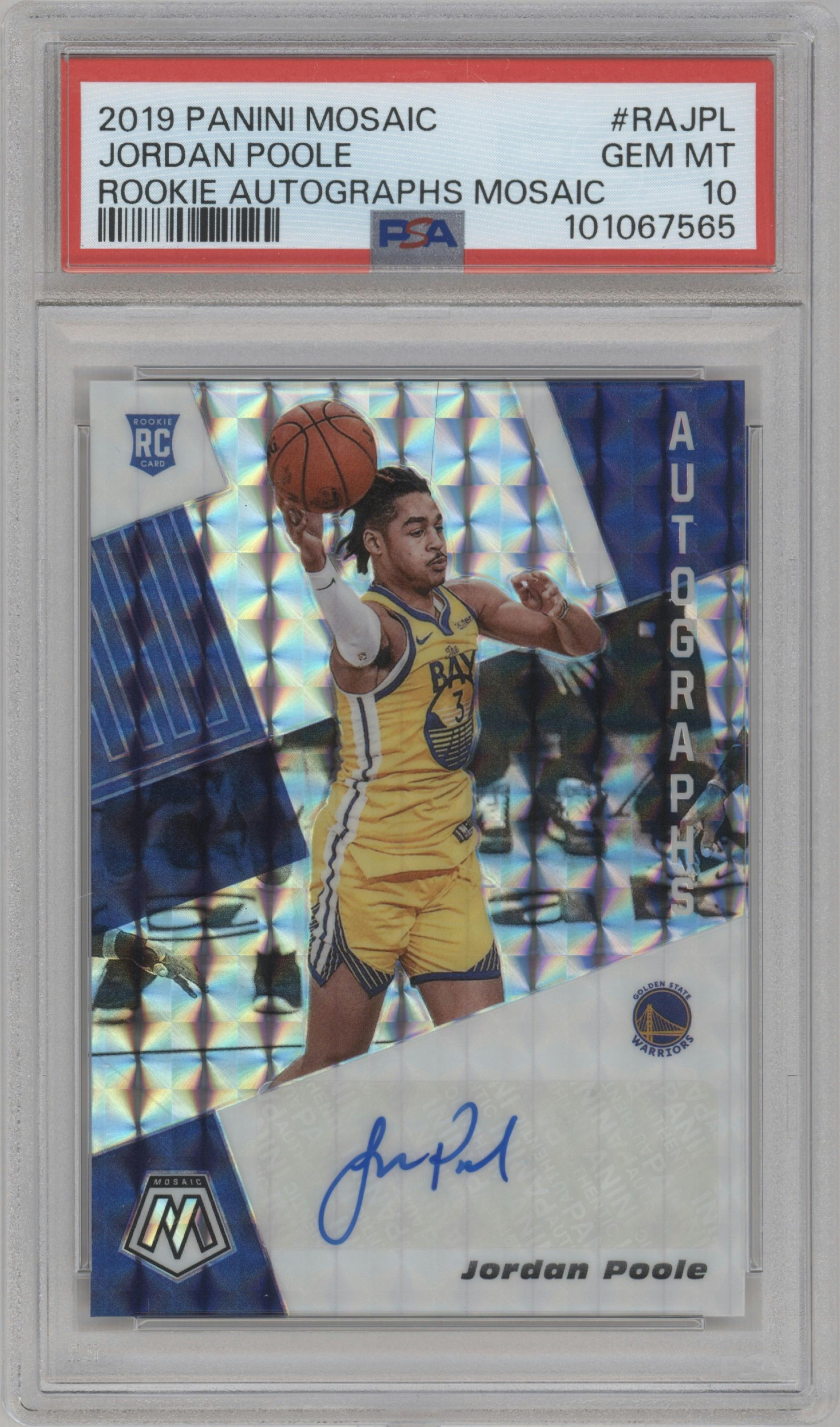 Jordan Poole from the 2019-20 Panini Mosaic  set graded by PSA and given an overall grade of 10.