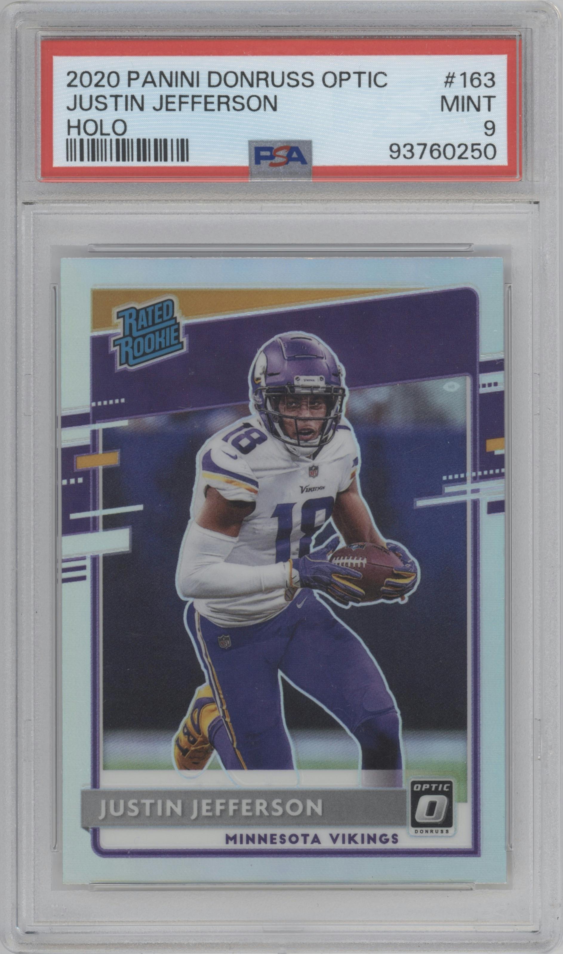 Justin Jefferson from the 2020 Panini Donruss Optic set featuring a Holo parallel graded by PSA and given an overall grade of 9.