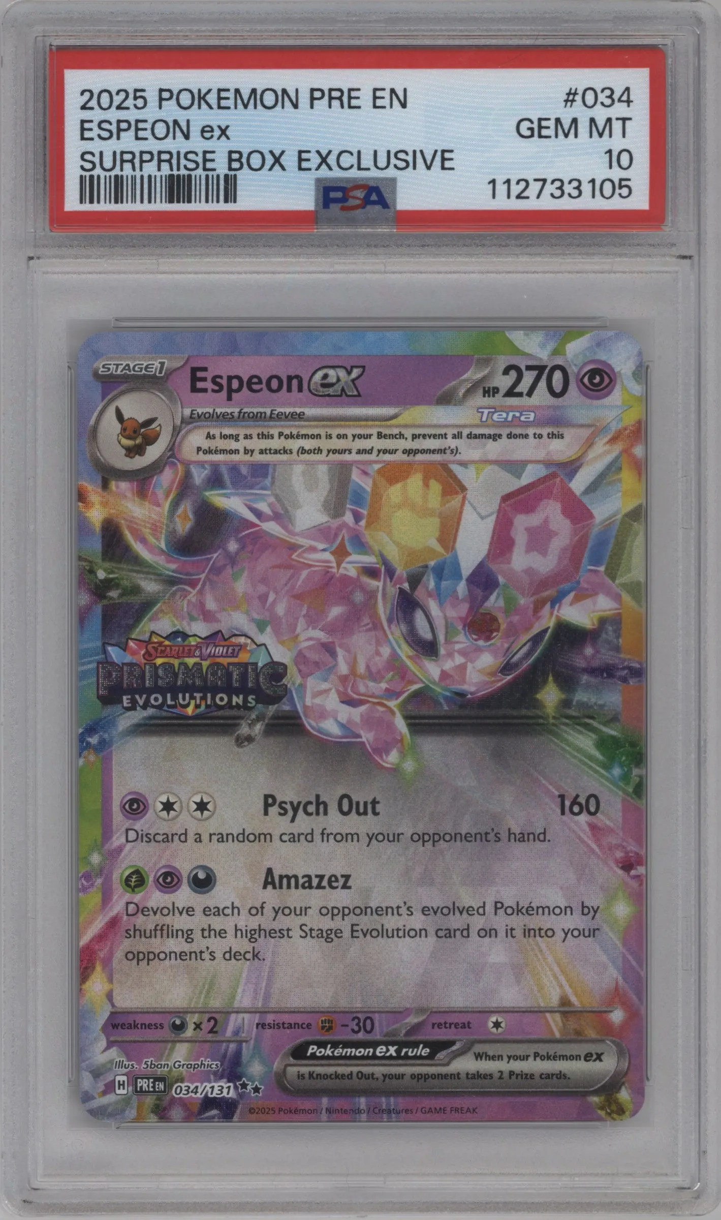 2025 Pokemon SV Prismatic Evolutions Espeon ex Prismatic Evolutions Surprise Box #034 PSA 10