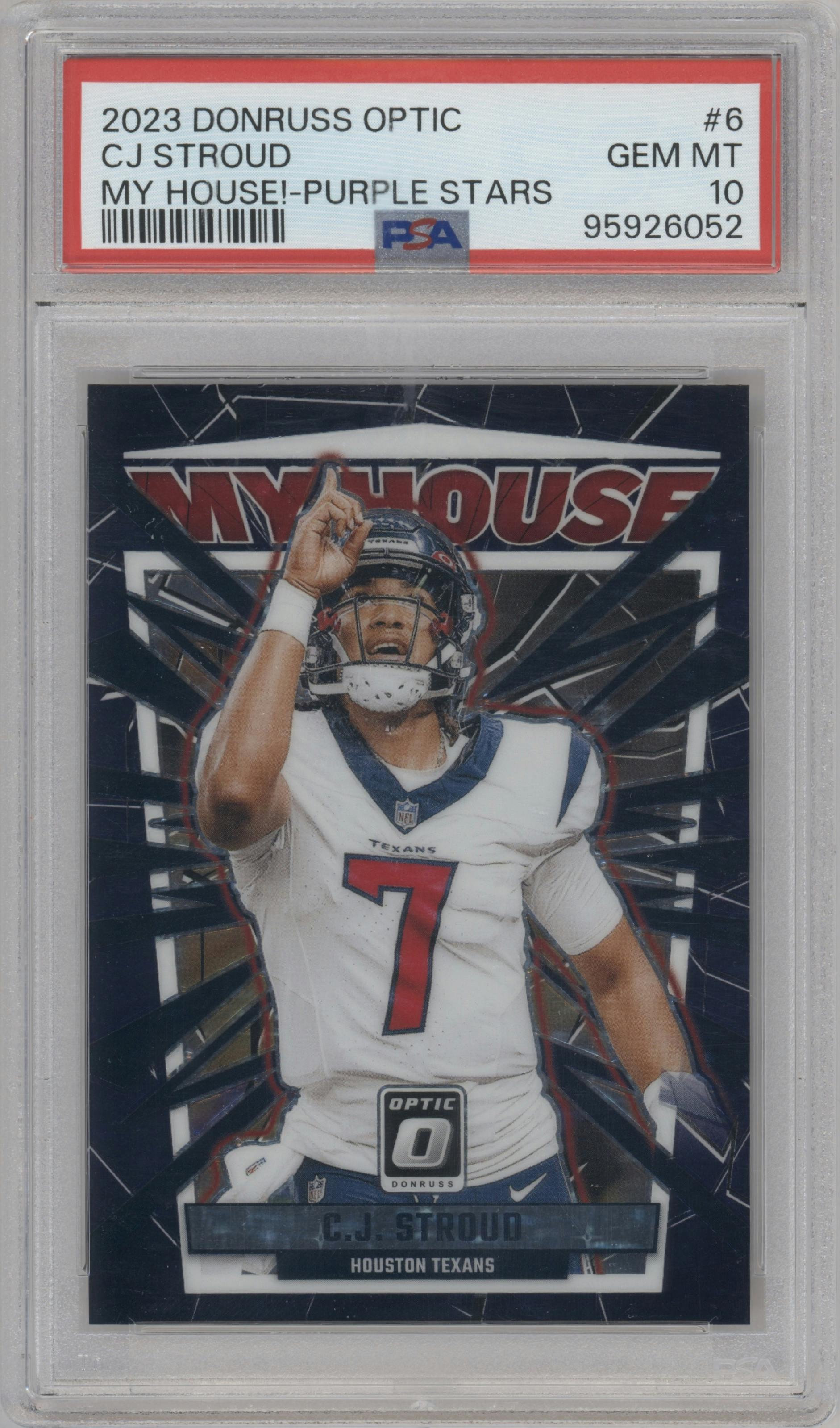 C.J. Stroud from the 2023 Donruss Optic set featuring a Purple Stars  parallel graded by PSA and given an overall grade of 10.