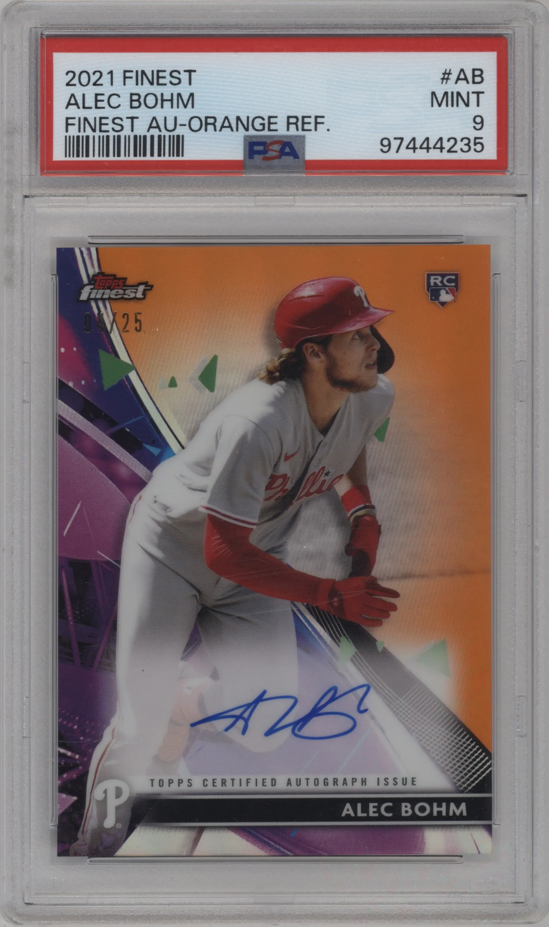 2021 Topps Finest Auto Alec Bohm Orange Refractor PSA 9