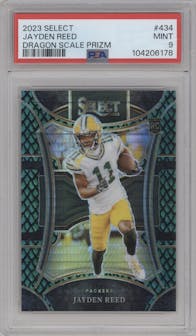 Jayden Reed from the 2023 Panini Select set featuring a Dragon Scale parallel graded by PSA and given an overall grade of 9.