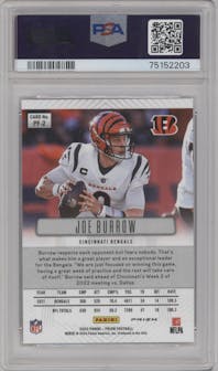 Joe Burrow from the 2022 Panini Prizm set featuring a No Huddle parallel graded by PSA and given an overall grade of 10.
