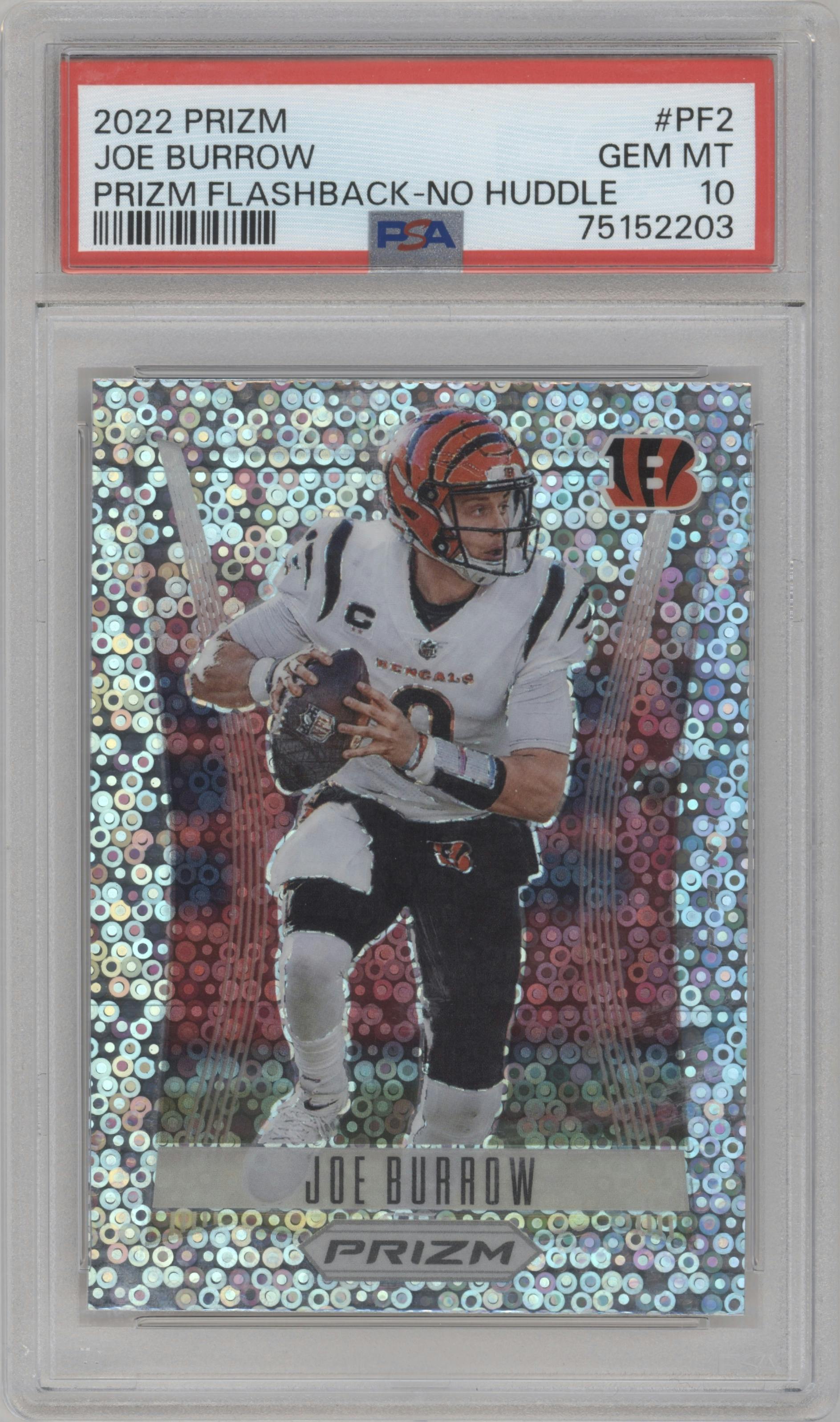 Joe Burrow from the 2022 Panini Prizm set featuring a No Huddle parallel graded by PSA and given an overall grade of 10.