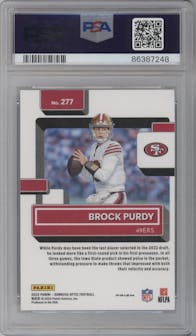 Brock Purdy from the 2022 Panini Donruss Optic set featuring a Holo parallel graded by PSA and given an overall grade of 9.