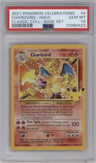 Charizard from the 2021 Pokemon SWSH set featuring a Base Set parallel graded by PSA and given an overall grade of 10.