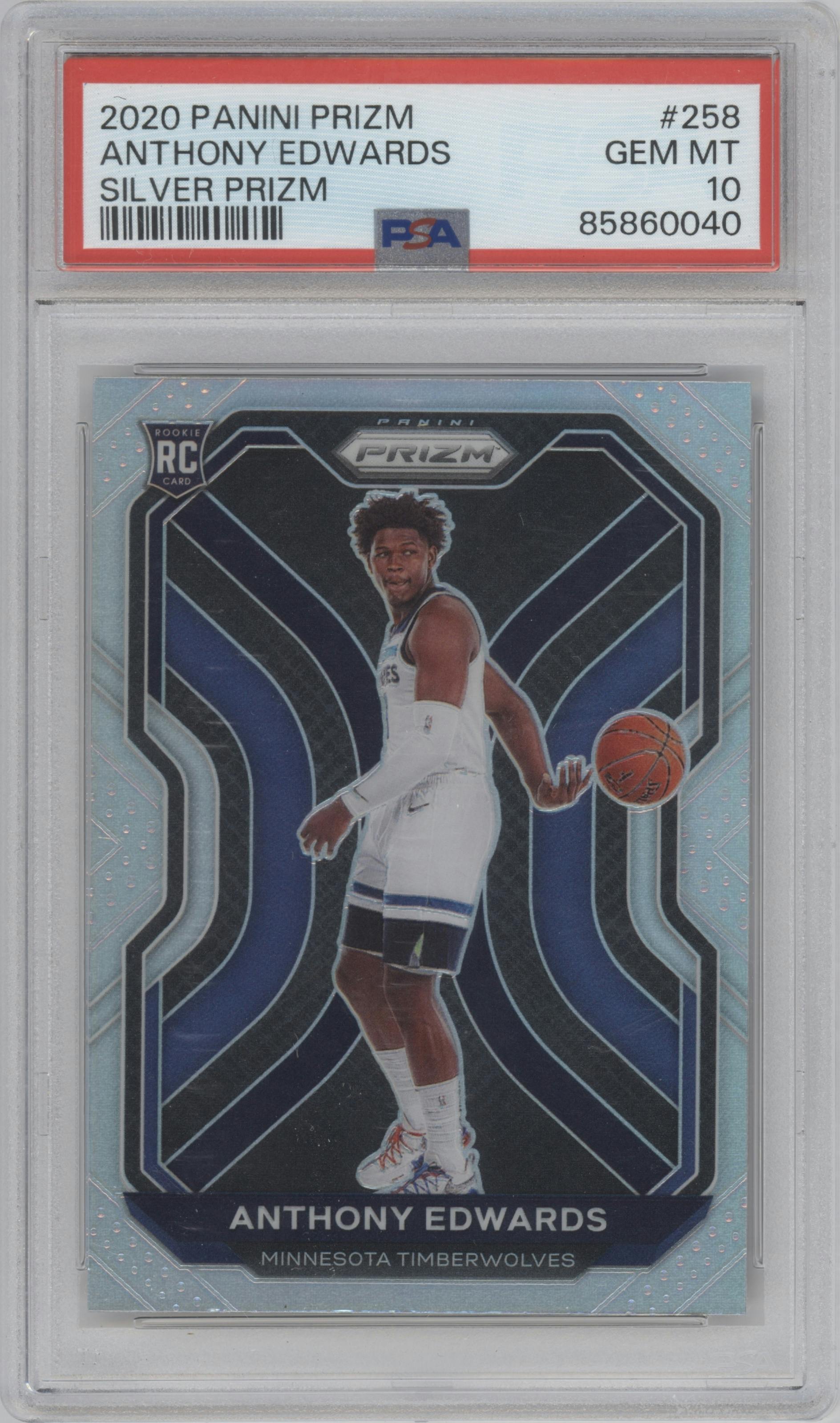 Anthony Edwards from the 2020-21 Panini Prizm set featuring a Silver Prizm parallel graded by PSA and given an overall grade of 10.