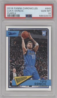 Luka Doncic from the 2018-19 Panini Chronicles set featuring a Purple parallel graded by PSA and given an overall grade of 10.