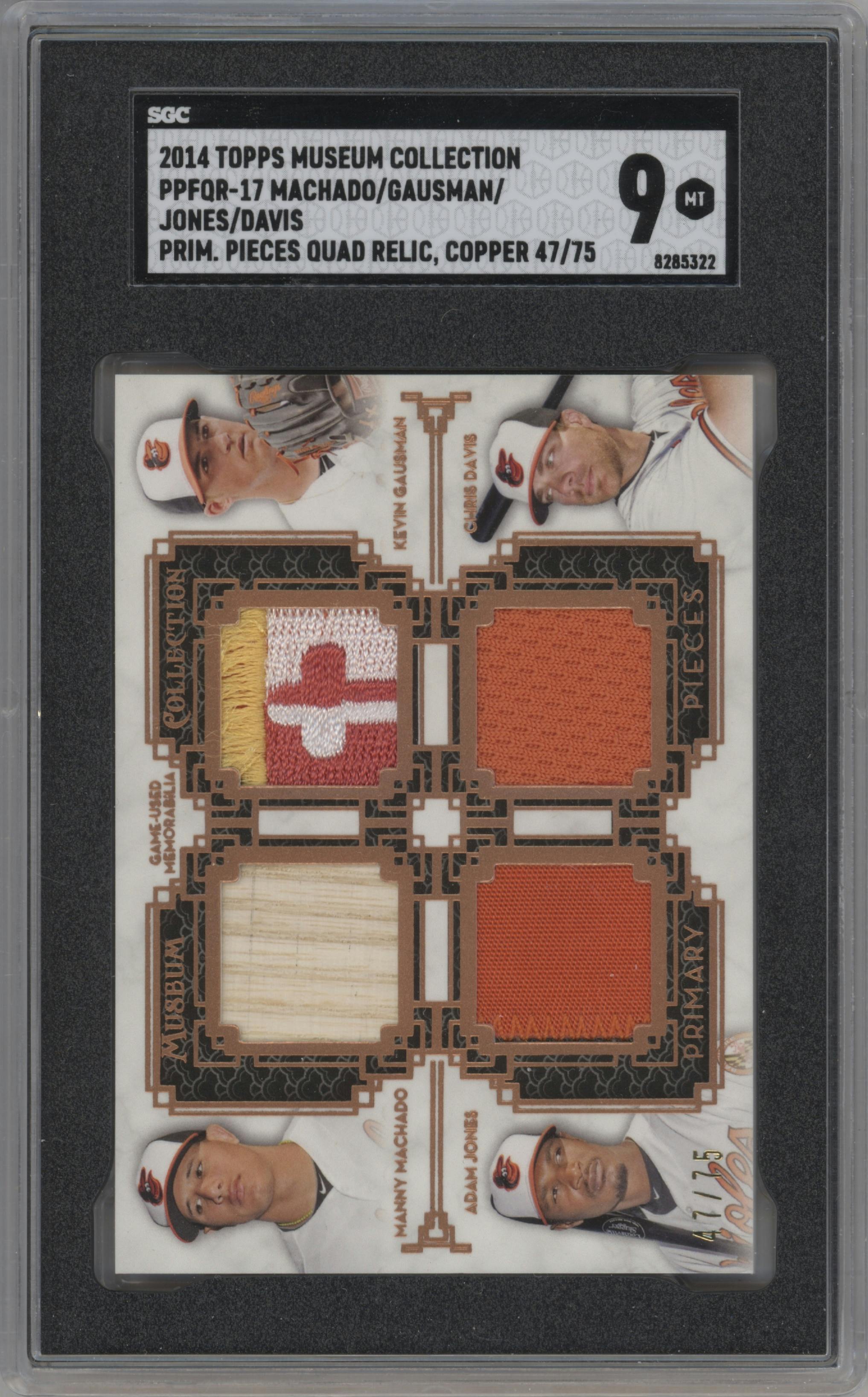 Adam Jones/Chris Davis/Kevin Gausman/Manny Machado from the 2014 Topps Museum Collection set featuring a Copper parallel graded by SGC and given an overall grade of 9.