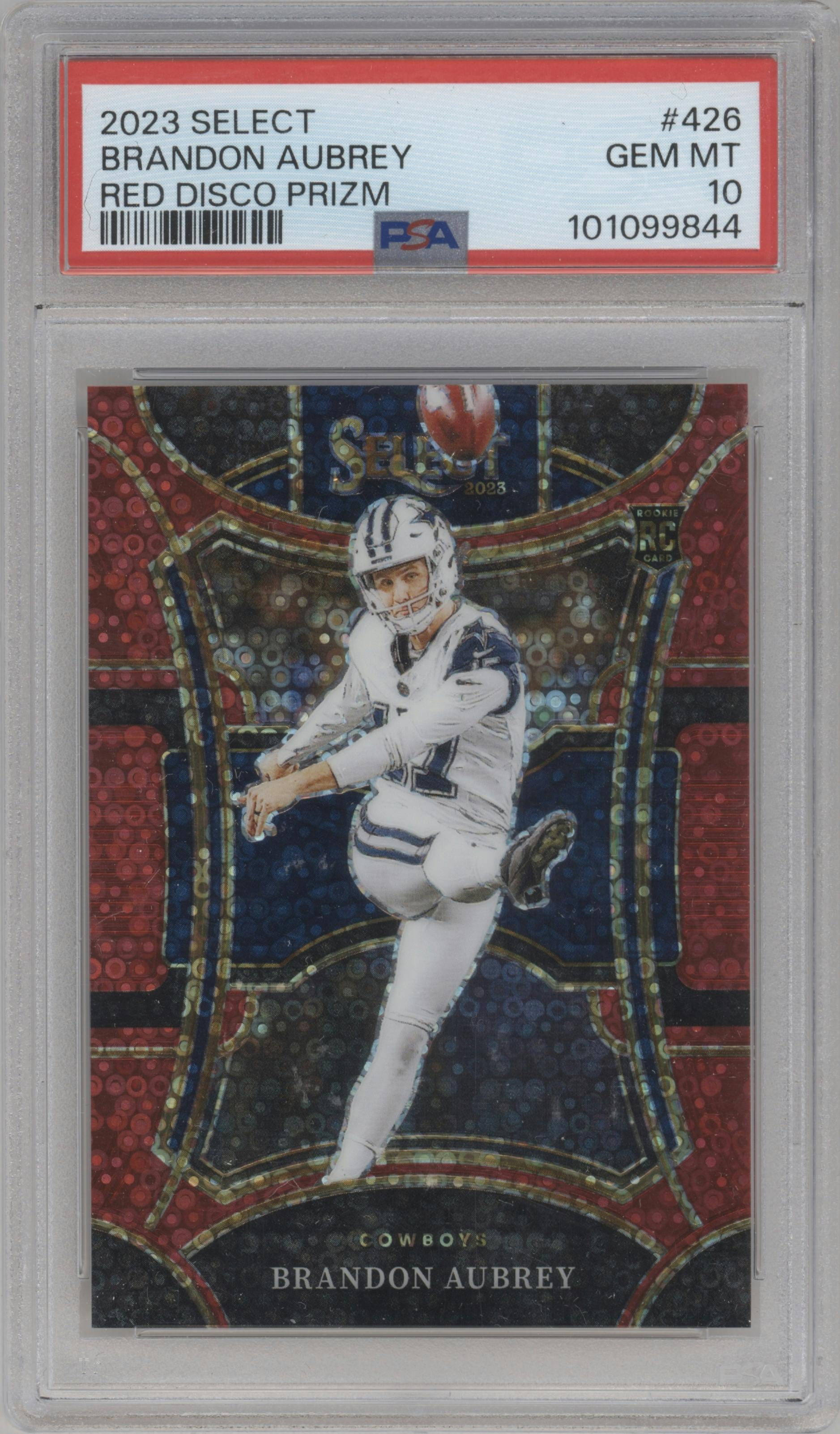 Brandon Aubrey from the 2023 Panini Select set featuring a Disco Red parallel graded by PSA and given an overall grade of 10.