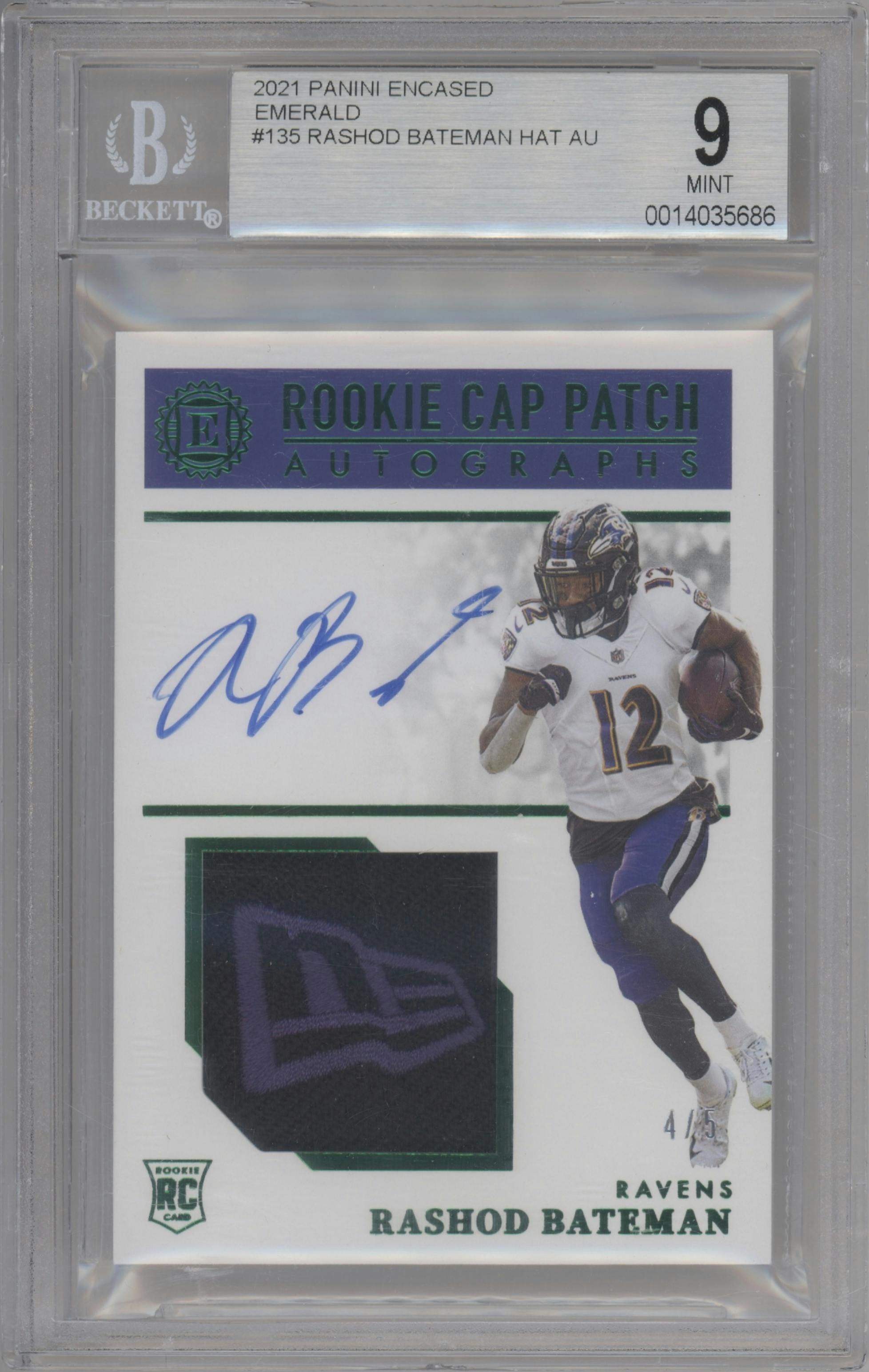 Rashod Bateman from the 2021 Panini Encased set featuring a Emerald parallel graded by Beckett and given an overall grade of 9.