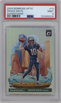 Drake Maye from the 2024 Donruss Optic set graded by PSA and given an overall grade of 9.