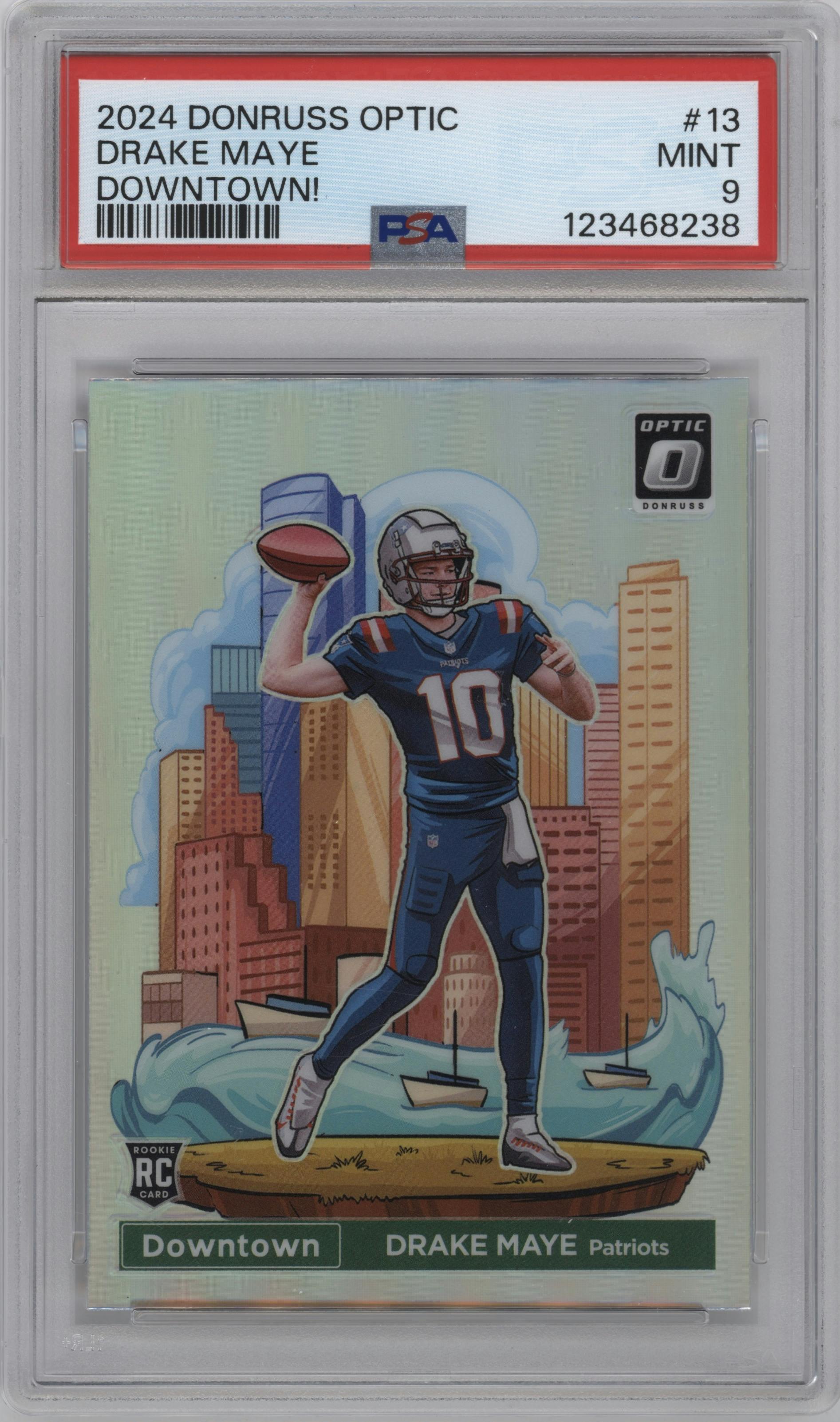 Drake Maye from the 2024 Donruss Optic set graded by PSA and given an overall grade of 9.