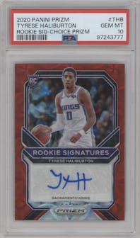 Tyrese Haliburton from the 2020-21 Panini Prizm set featuring a Choice Prizm parallel graded by PSA and given an overall grade of 10.