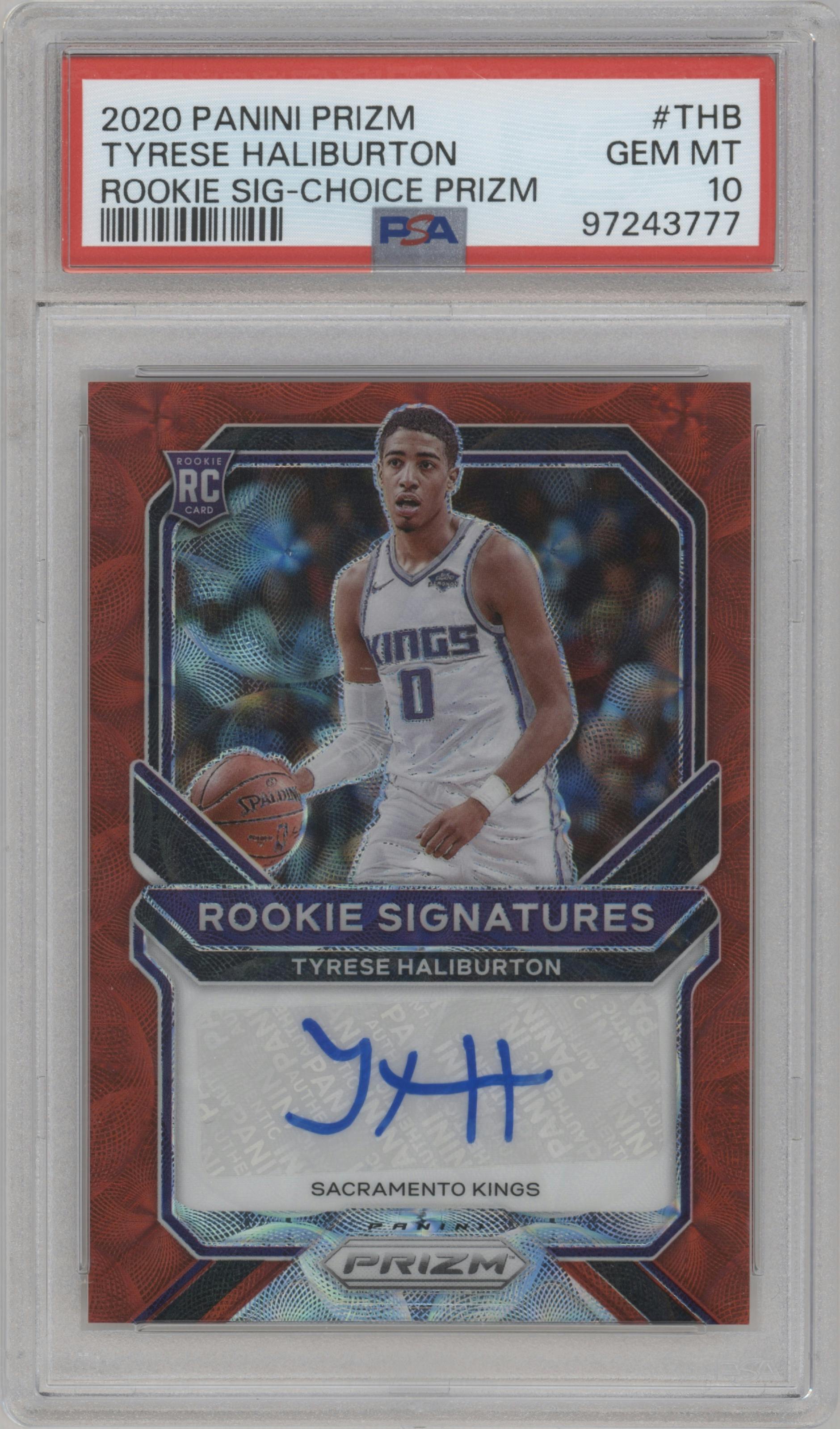 Tyrese Haliburton from the 2020-21 Panini Prizm set featuring a Choice Prizm parallel graded by PSA and given an overall grade of 10.