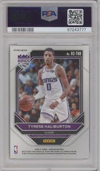 Tyrese Haliburton from the 2020-21 Panini Prizm set featuring a Choice Prizm parallel graded by PSA and given an overall grade of 10.