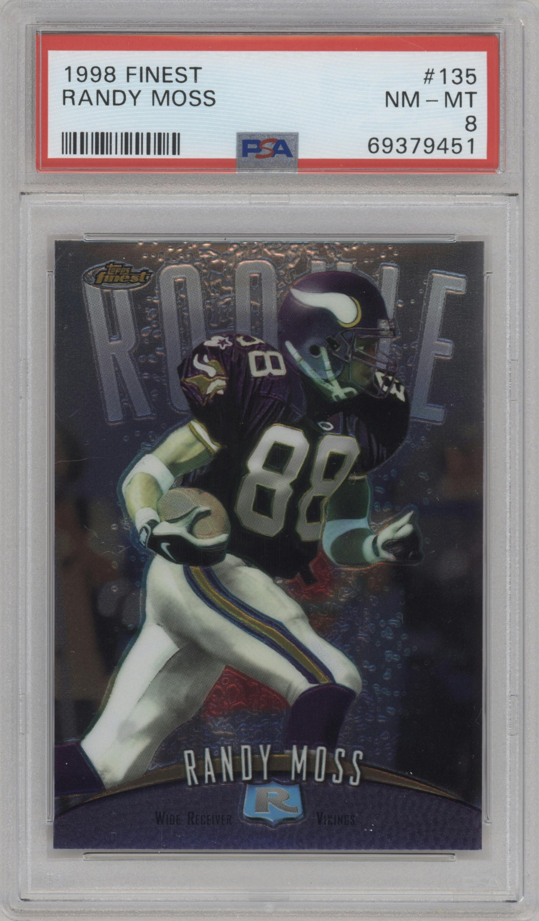 Randy Moss from the 1998 Topps Finest set graded by PSA and given an overall grade of 8.