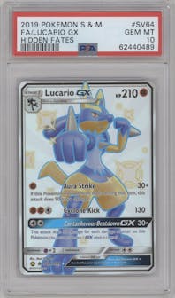 Lucario GX from the 2019 Pokemon S&M  set graded by PSA and given an overall grade of 10.