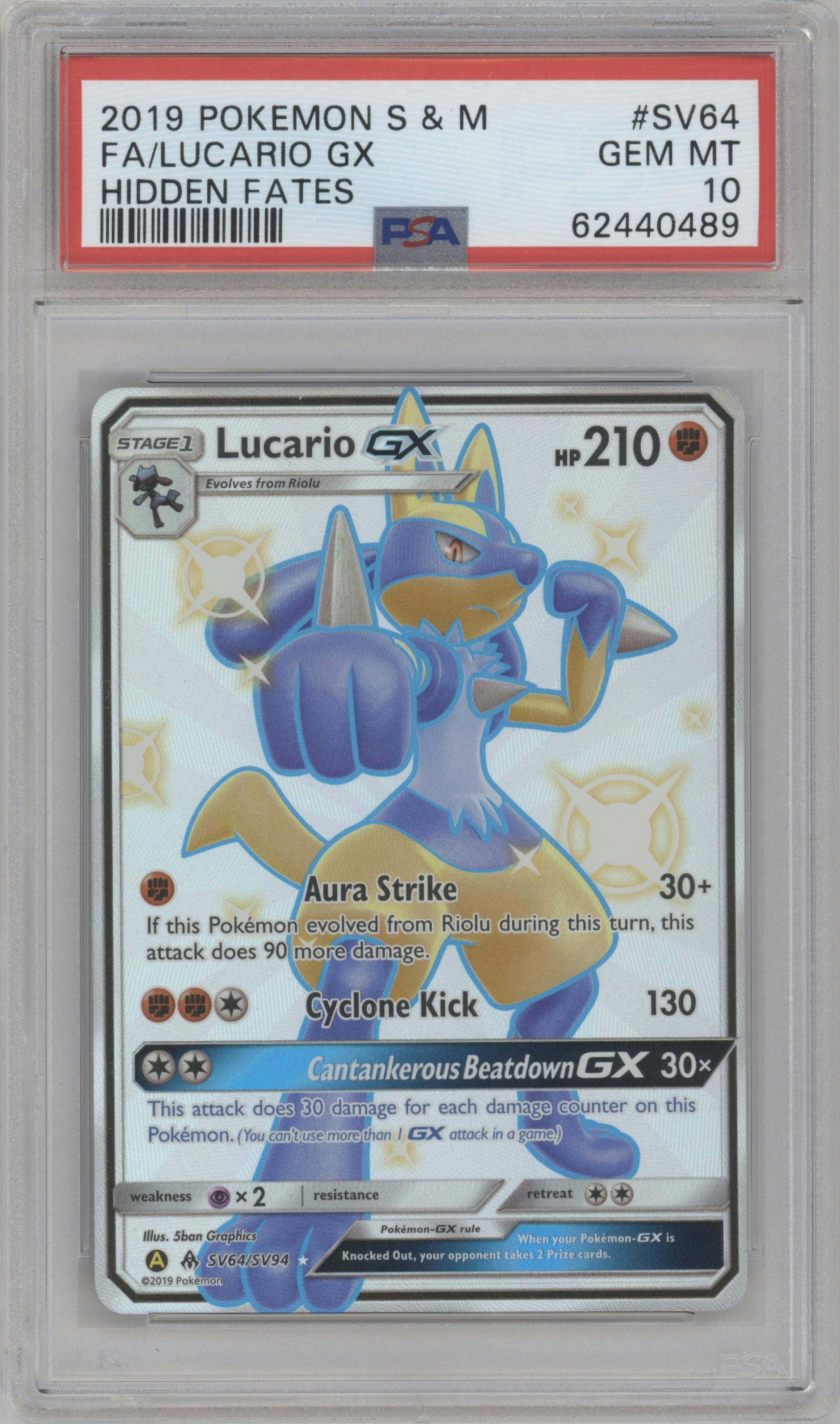 Lucario GX from the 2019 Pokemon S&M  set graded by PSA and given an overall grade of 10.