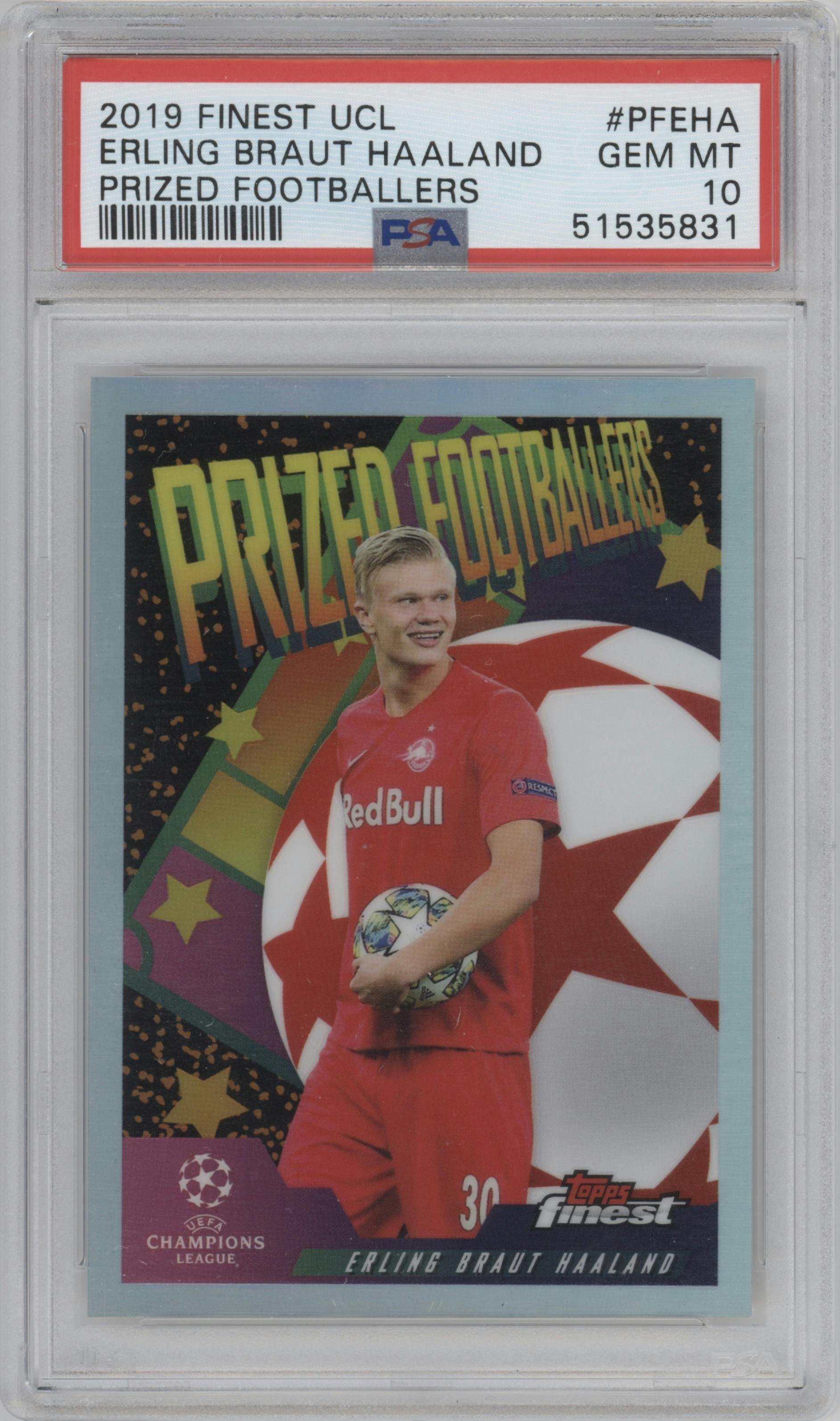 Erling Braut Haaland from the 2019-20 Topps Finest UEFA Champions League set graded by PSA and given an overall grade of 10.