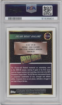 Erling Braut Haaland from the 2019-20 Topps Finest UEFA Champions League set graded by PSA and given an overall grade of 10.