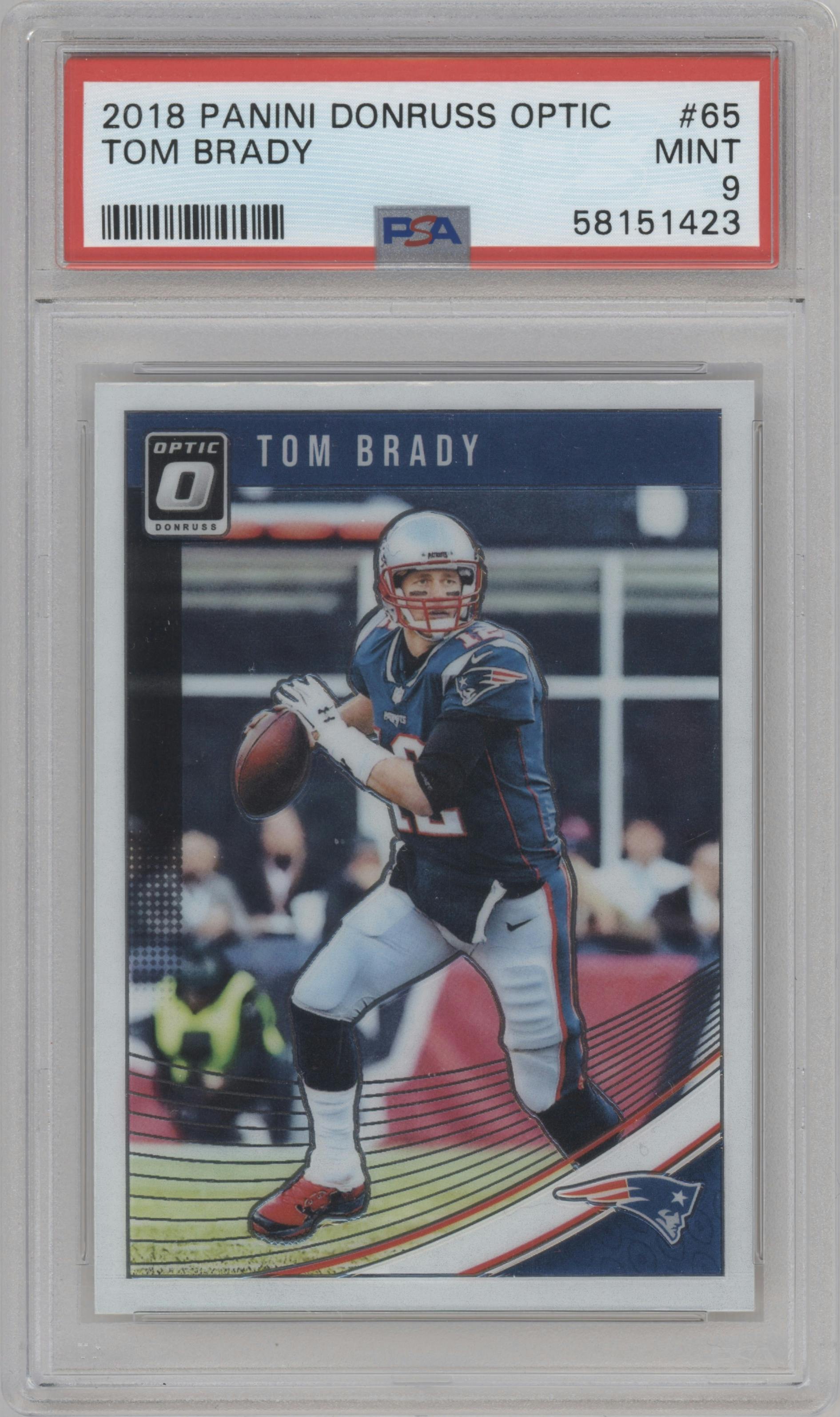 Tom Brady from the 2018 Panini Donruss Optic set graded by PSA and given an overall grade of 9.