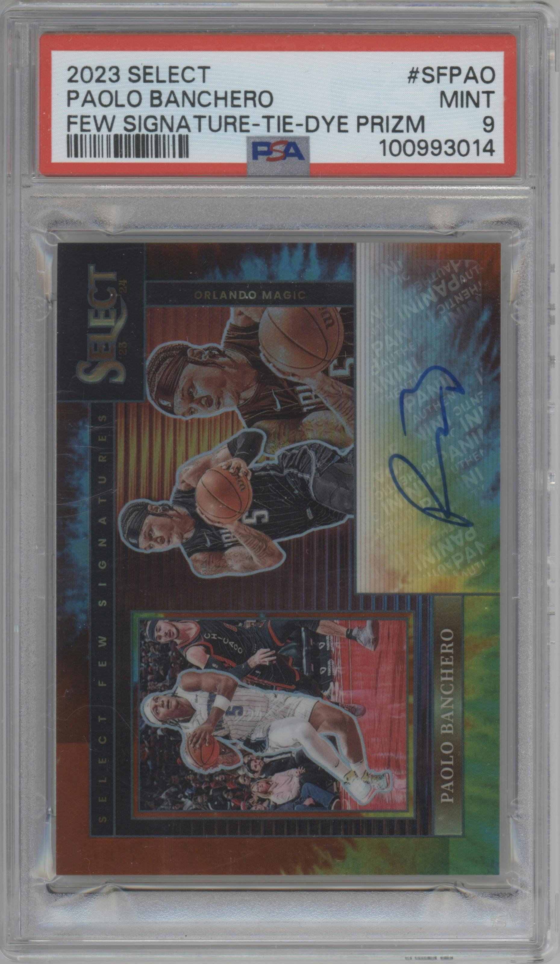 Paolo Banchero from the 2023-24 Panini Select  set featuring a Tie-Dye Prizm parallel graded by PSA and given an overall grade of 9.