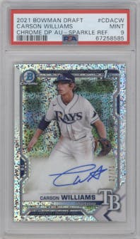 Carson Williams from the 2021 Bowman Draft set featuring a Sparkle Refractor parallel graded by PSA and given an overall grade of 9.
