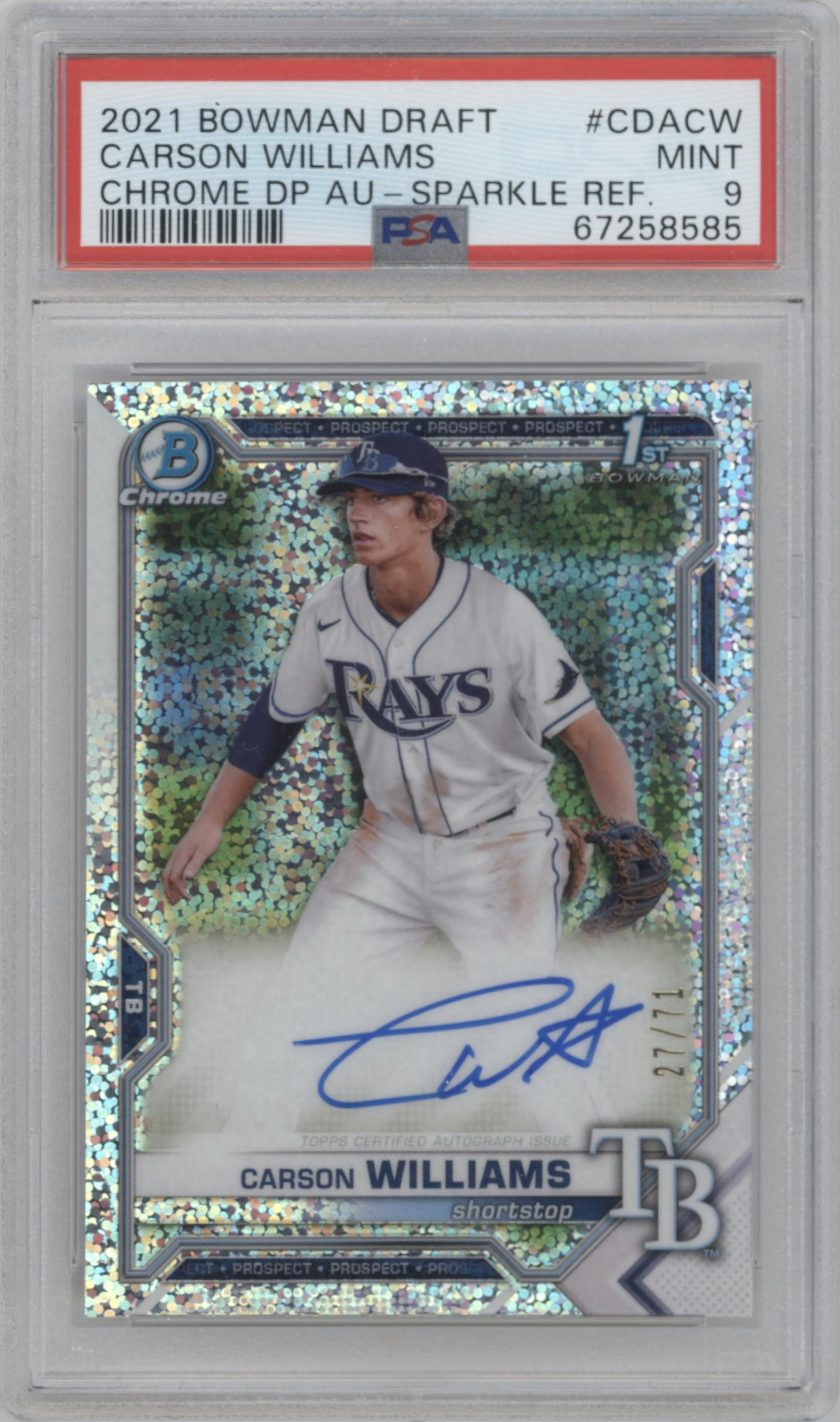 Carson Williams from the 2021 Bowman Draft set featuring a Sparkle Refractor parallel graded by PSA and given an overall grade of 9.