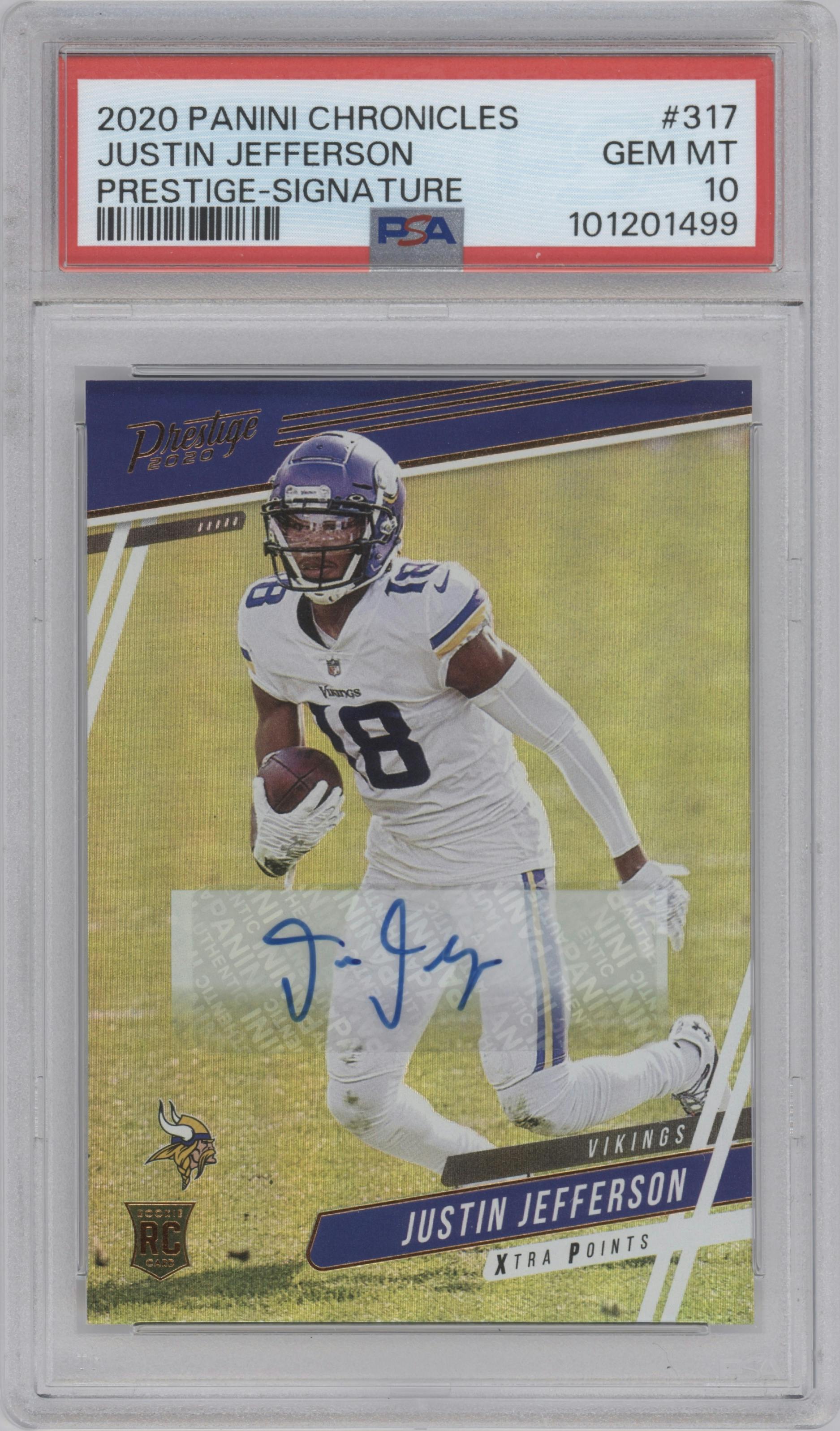 Justin Jefferson from the 2020 Panini Chronicles set graded by PSA and given an overall grade of 10.