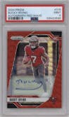 Bucky Irving from the 2024 Panini Prizm set featuring a Red Wave parallel graded by PSA and given an overall grade of 9.