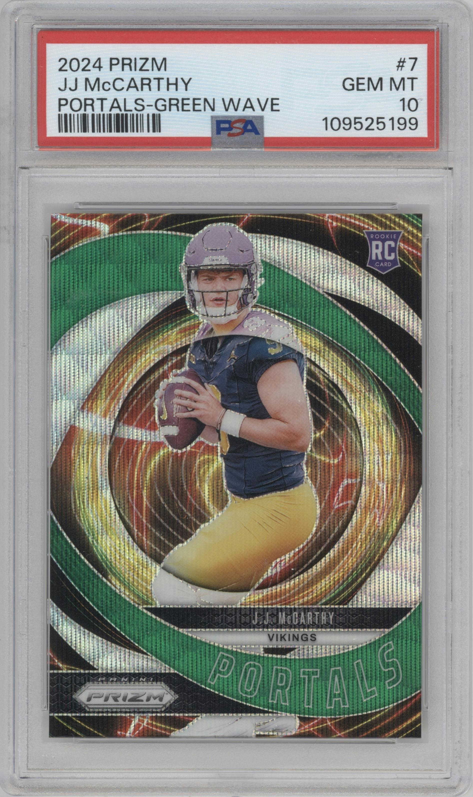 J.J. McCarthy from the 2024 Panini Prizm set featuring a Green Wave parallel graded by PSA and given an overall grade of 10.
