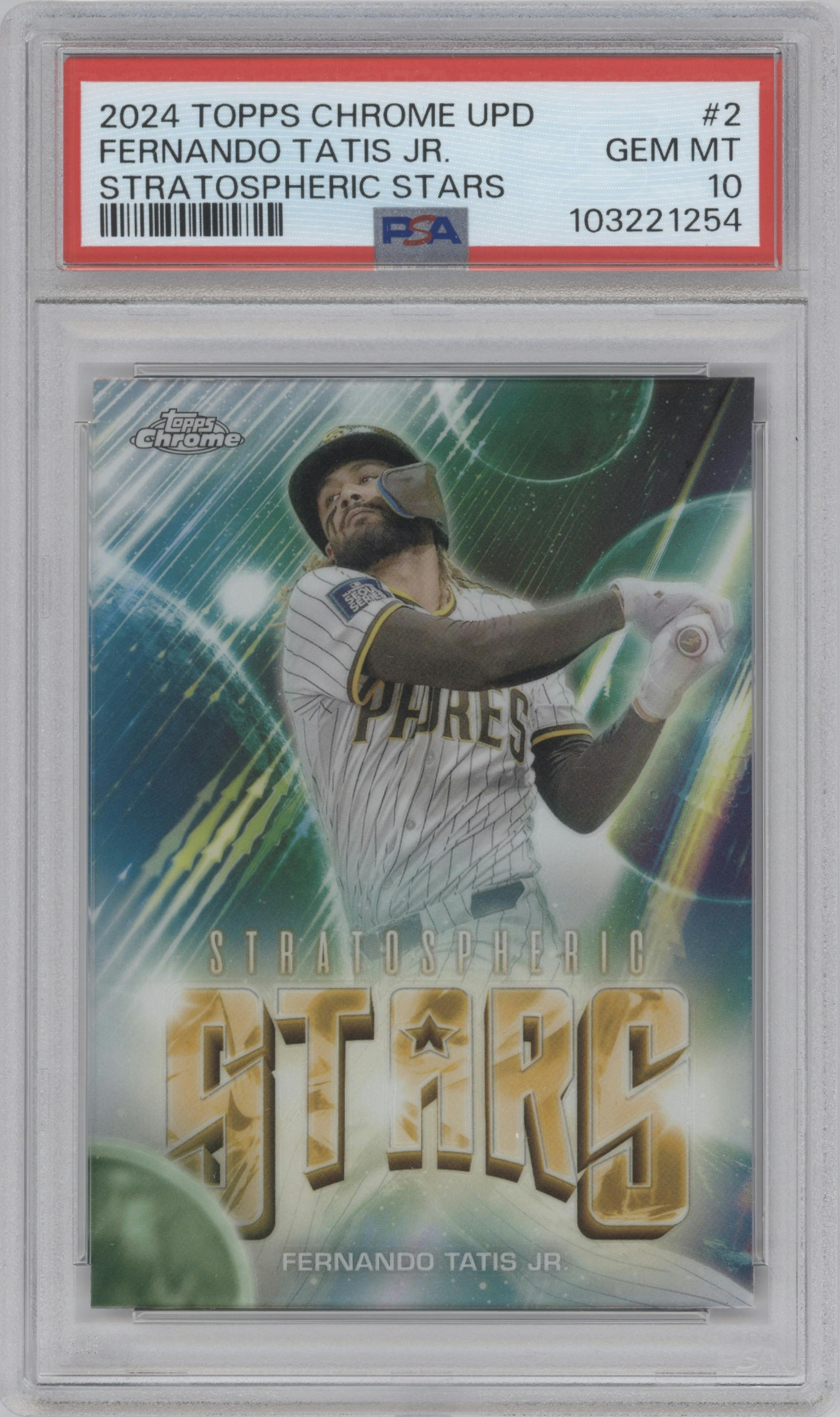 Fernando Tatis Jr. from the 2024 Topps Chrome Update set graded by PSA and given an overall grade of 10.