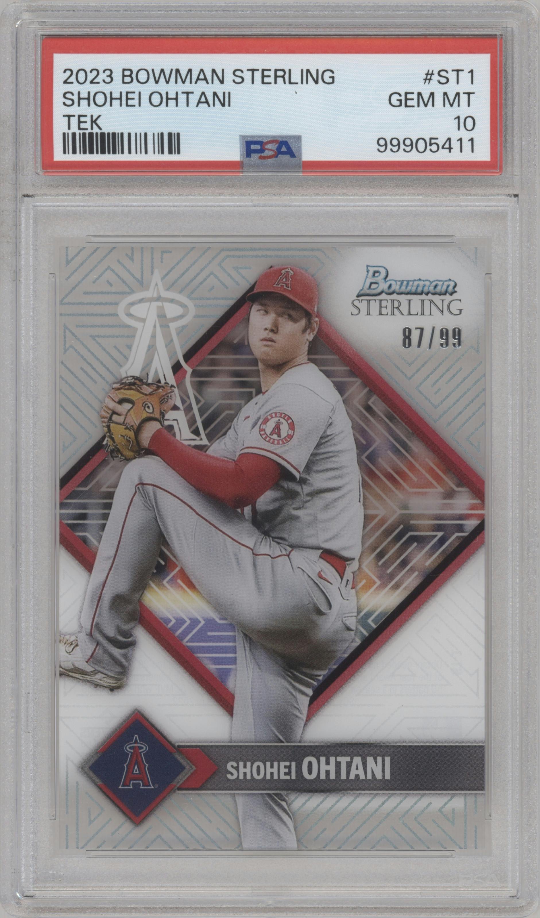 Shohei Ohtani from the 2023 Bowman Sterling set graded by PSA and given an overall grade of 10.