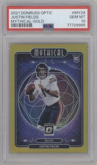 Justin Fields from the 2021 Panini Donruss Optic set featuring a Gold parallel graded by PSA and given an overall grade of 10.