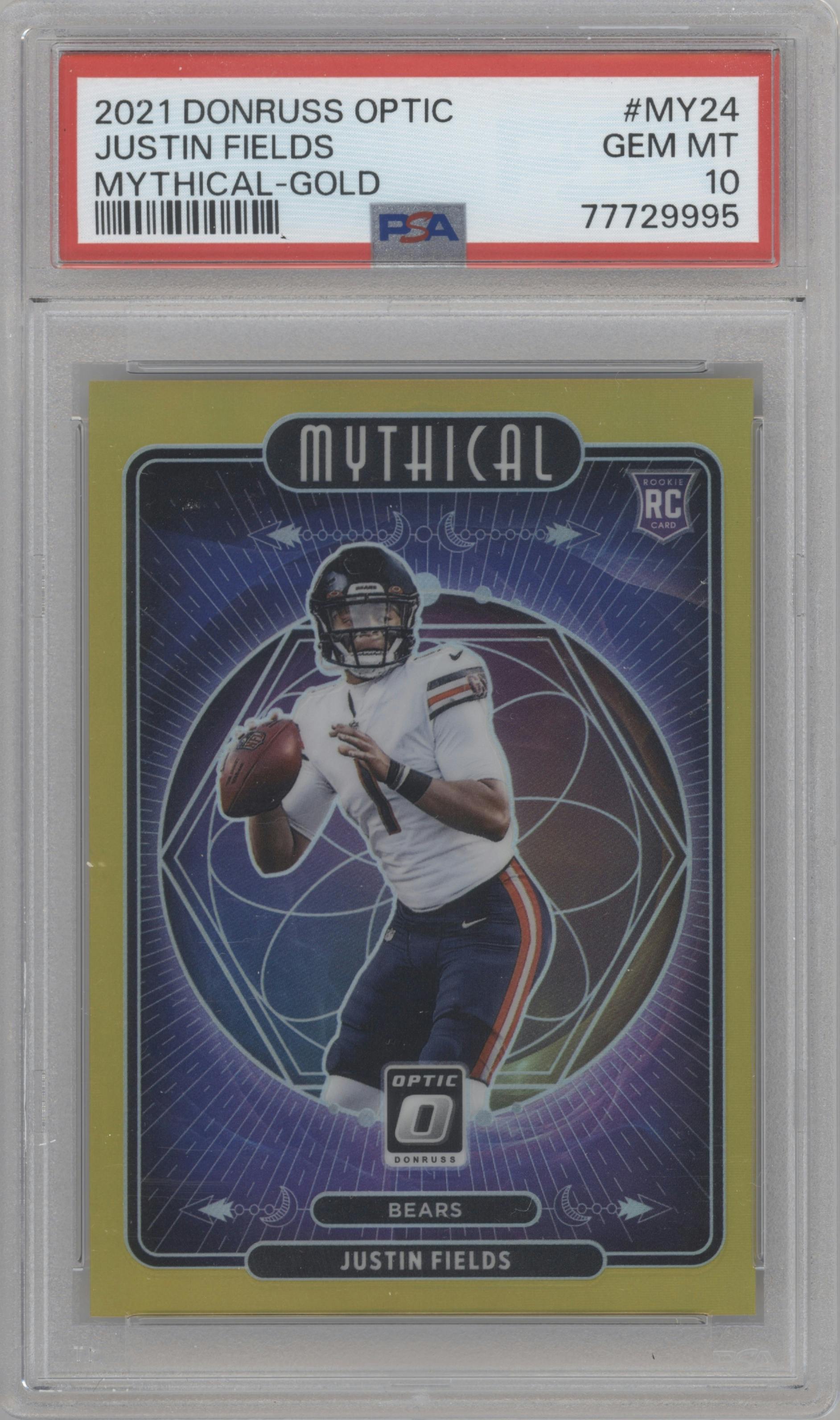 Justin Fields from the 2021 Panini Donruss Optic set featuring a Gold parallel graded by PSA and given an overall grade of 10.