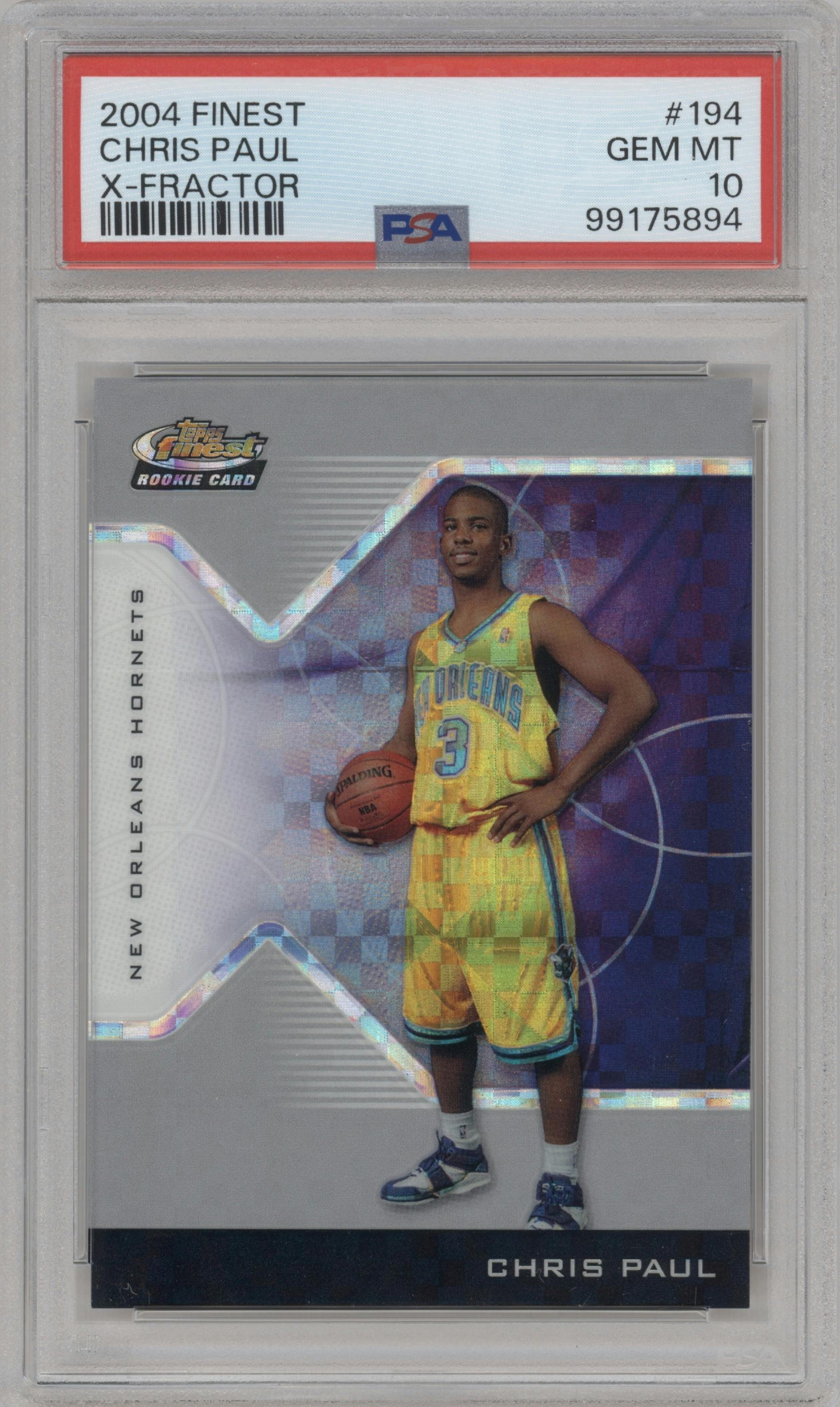 Chris Paul from the 2004-05 Topps Finest set featuring a X-Fractor parallel graded by PSA and given an overall grade of 10.