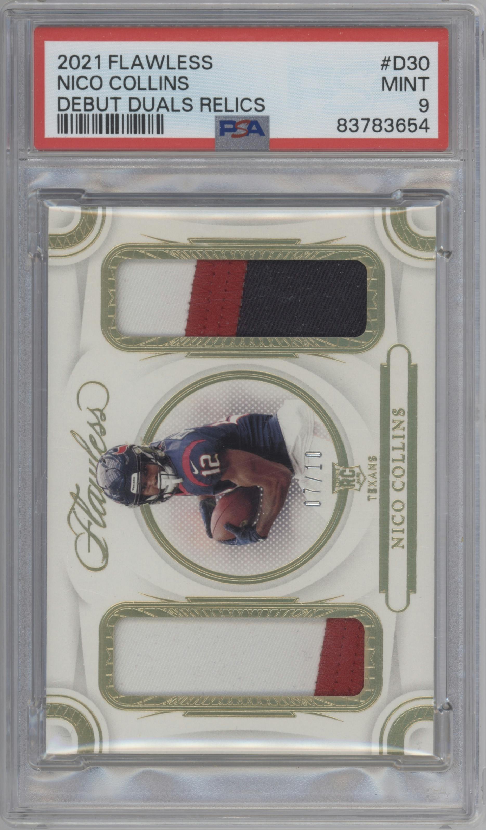 Nico Collins from the 2021 Panini Flawless set graded by PSA and given an overall grade of 9.