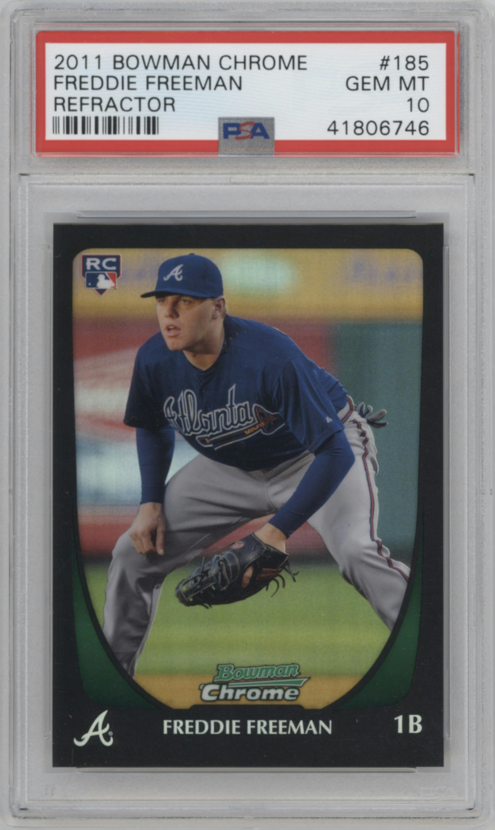 Freddie Freeman from the 2011 Bowman Chrome set featuring a Refractor parallel graded by PSA and given an overall grade of 10.