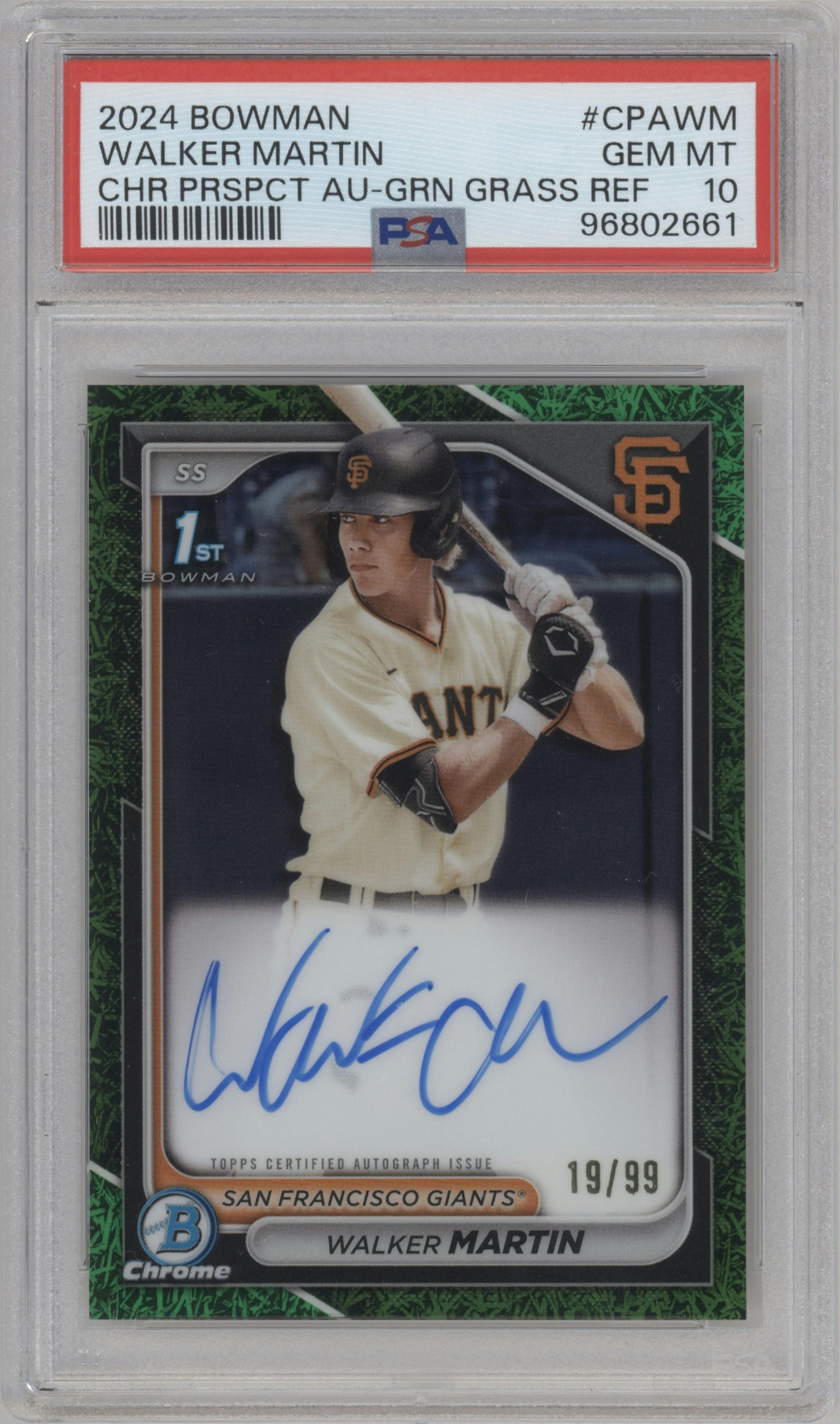 Walker Martin from the 2024 Bowman set featuring a Green Grass Refractor parallel graded by PSA and given an overall grade of 10.