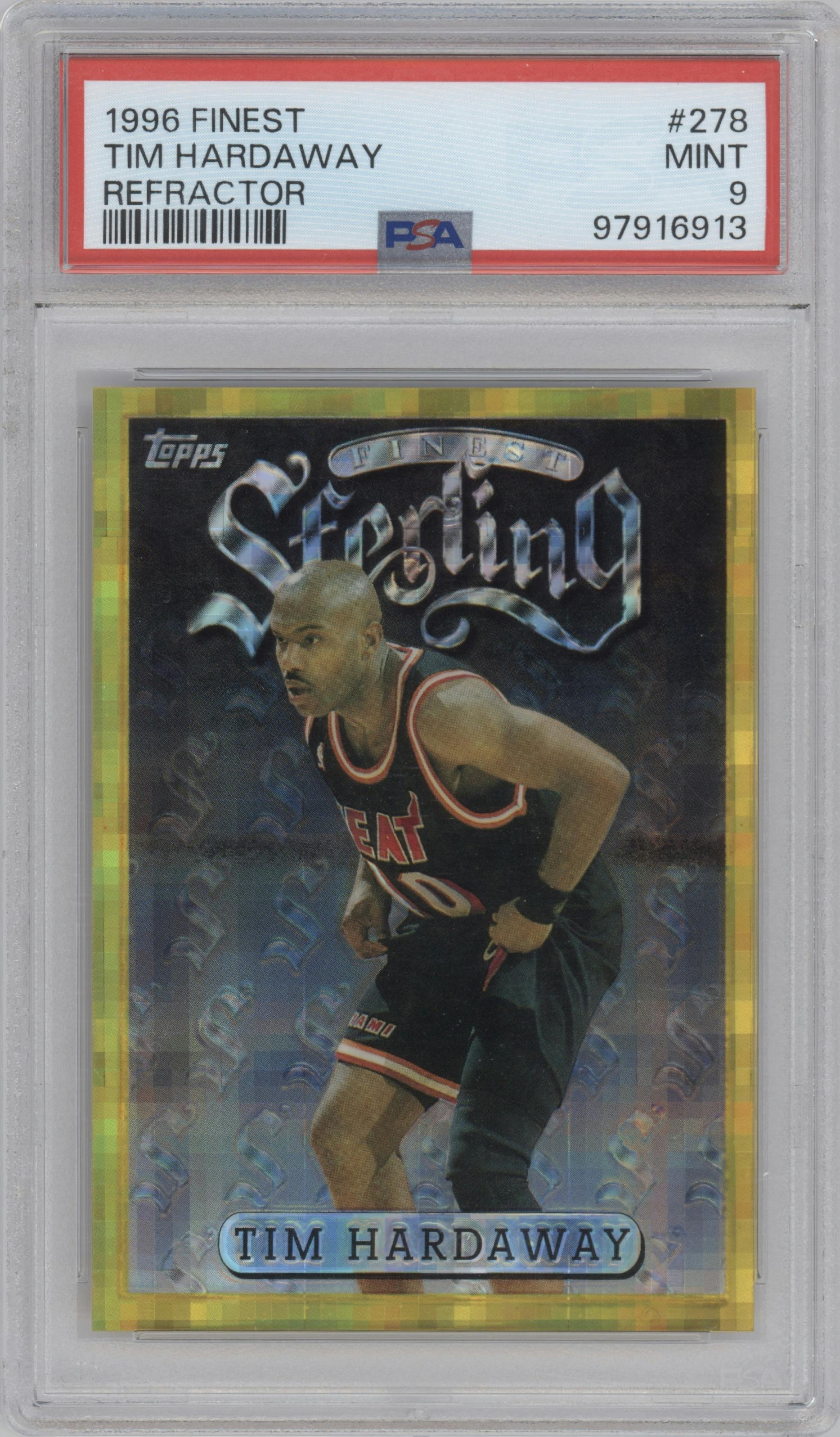 Tim Hardaway from the 1996-97 Topps Finest set featuring a Refractor parallel graded by PSA and given an overall grade of 9.