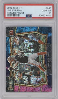 Joe Burrow from the 2022 Panini Select set featuring a Cosmic parallel graded by PSA and given an overall grade of 10.